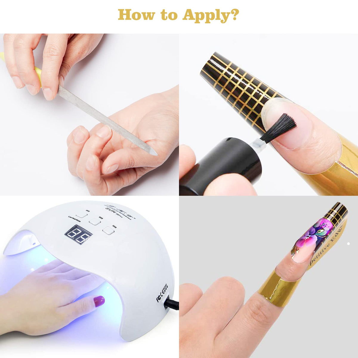 Professional nail technician using gold guide stickers for shaping