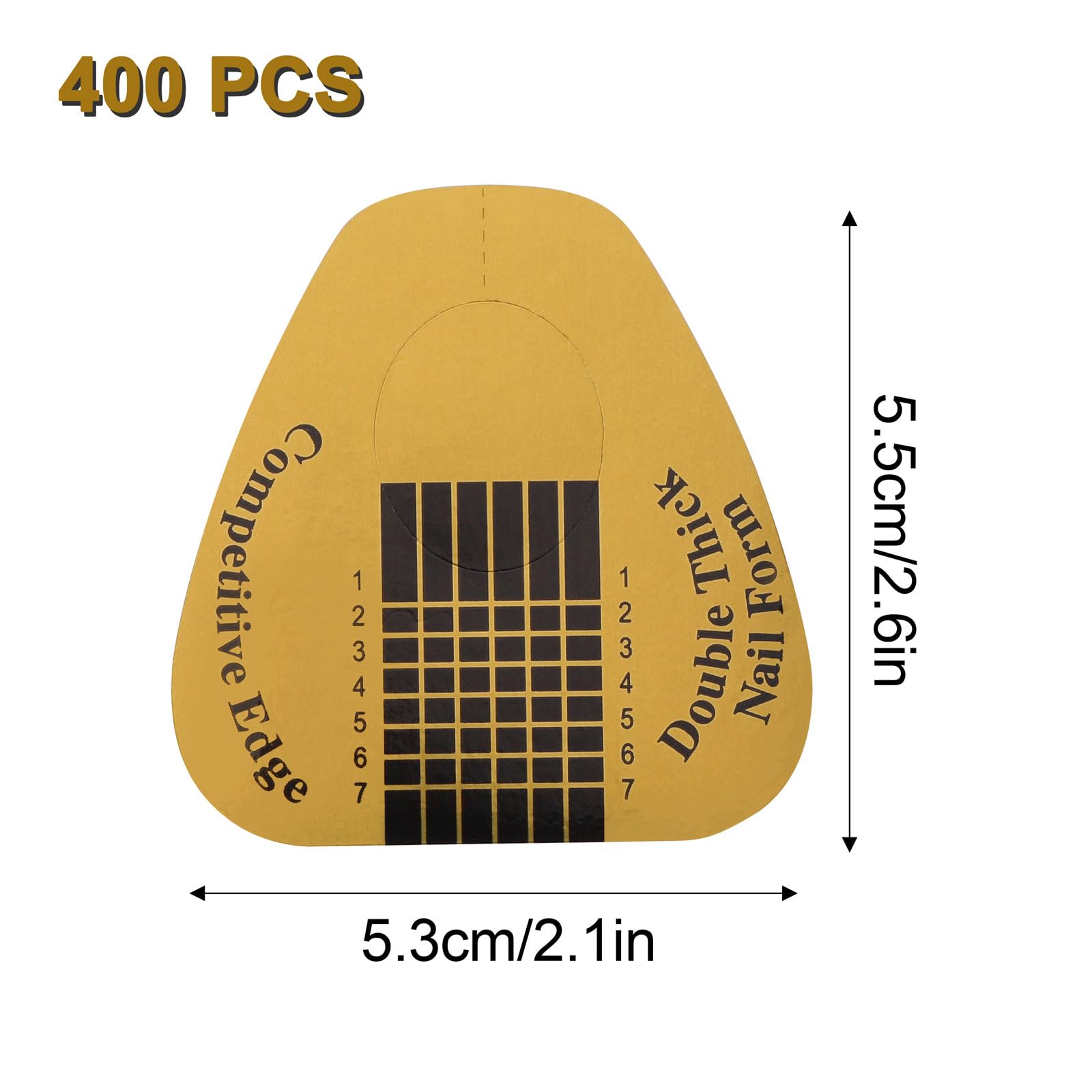 Close up of gold nail extension sticker with scale guide