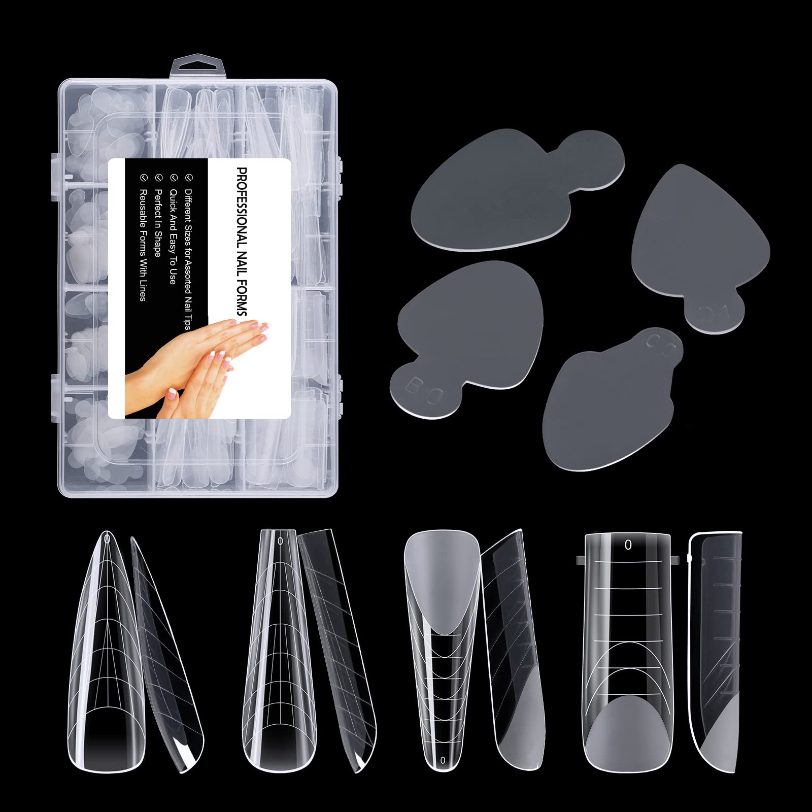 Close up of NMKL38 reusable dual nail forms for acrylic extensions