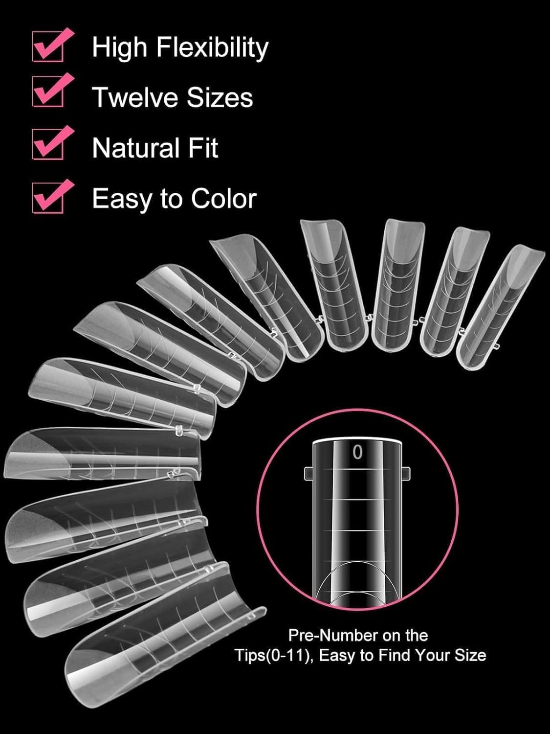 Clear poly gel nail extension molds with size labels