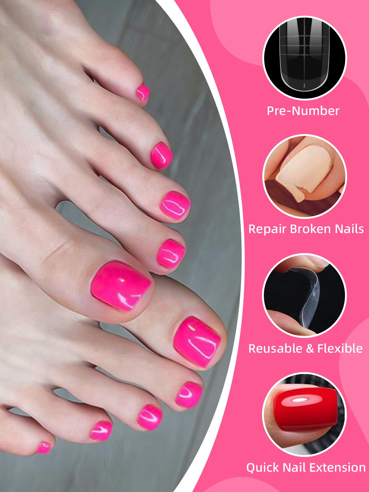 Top view of various nail mold sizes for toenail extensions