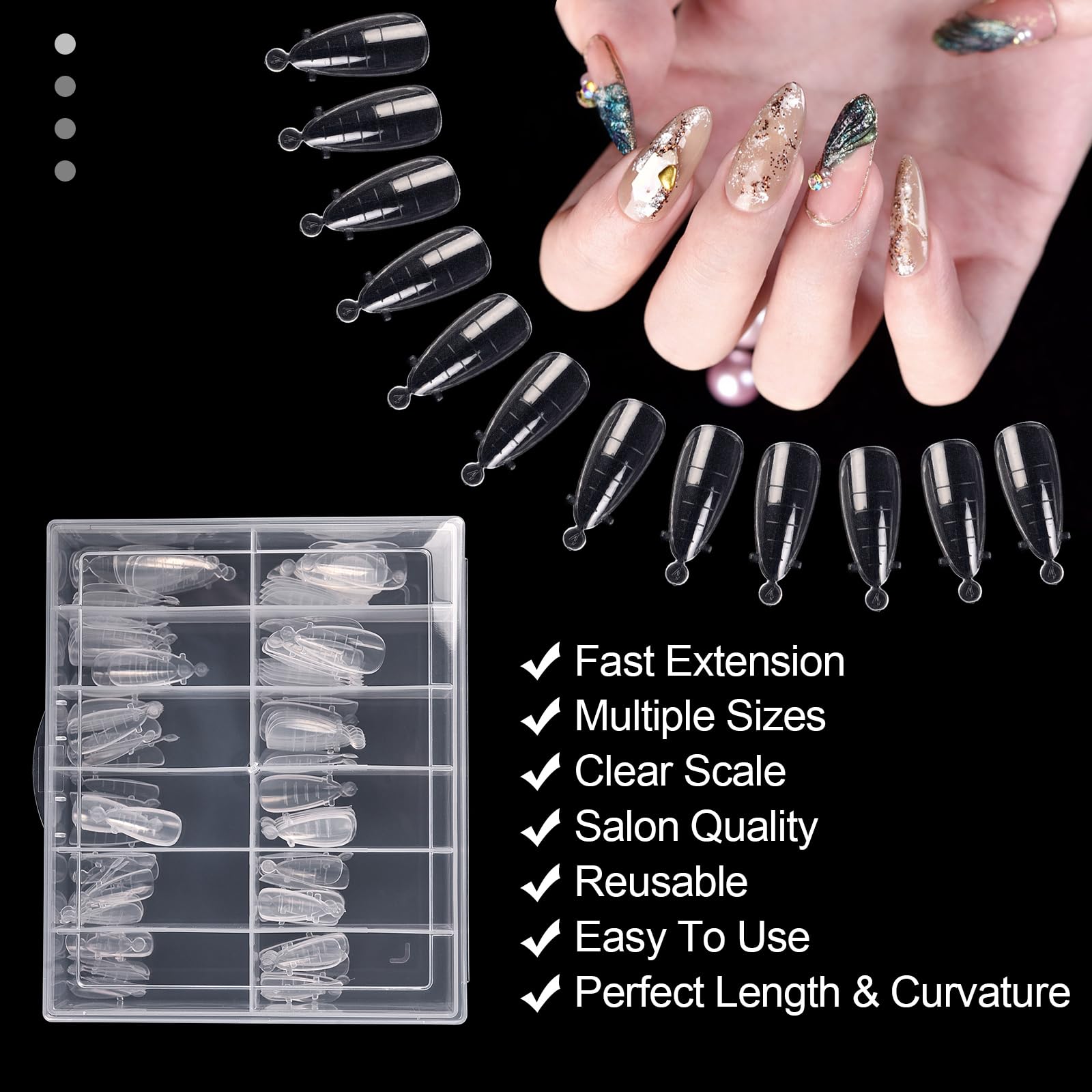 Clear almond shaped nail extension molds with size markings
