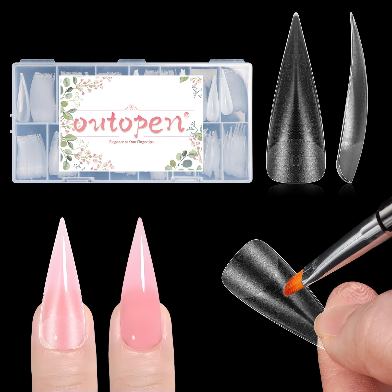 Outopen clear nail molds organized in storage box