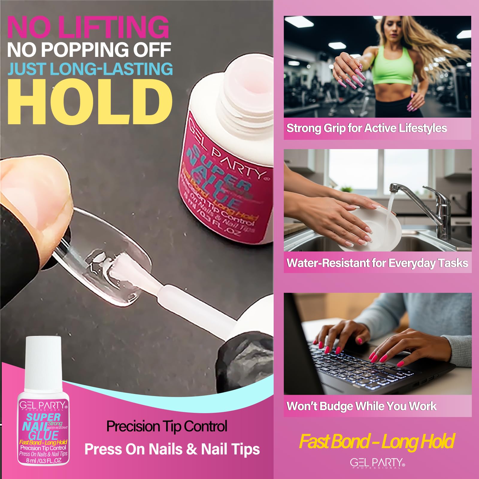 Gel Party nail glue being applied to press on nails