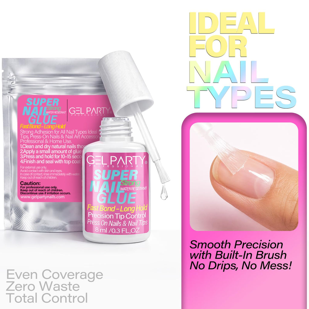 Gel Party nail glue packaging displayed for salon and home manicure use