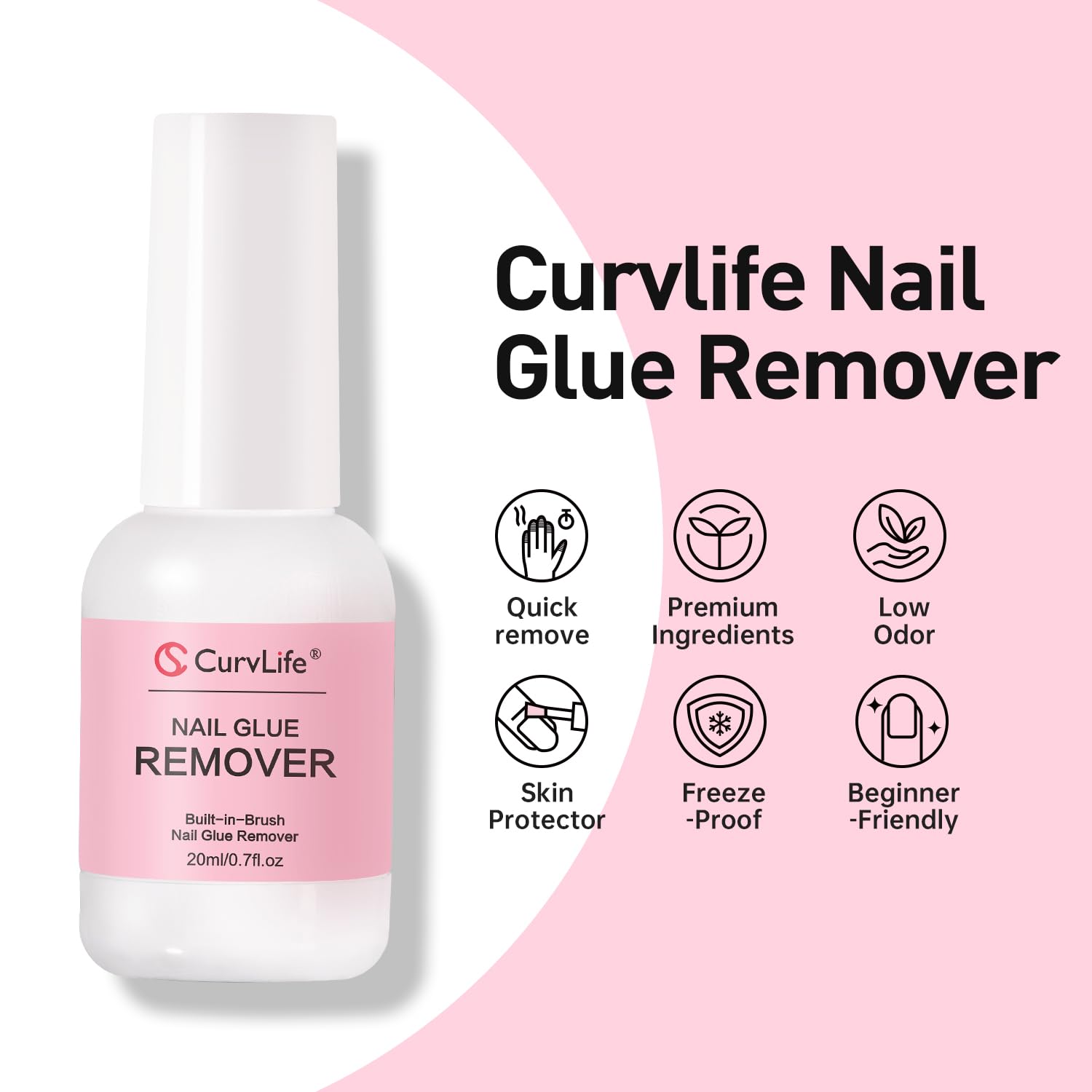 Detailed view of Curvlife 20ml nail glue remover packaging