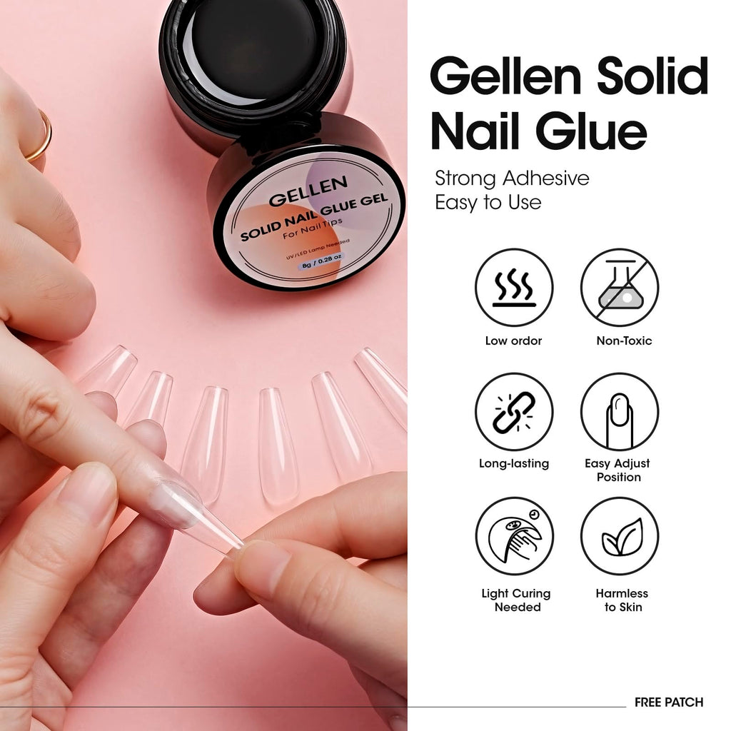 Gellen nail glue kit components laid out flat