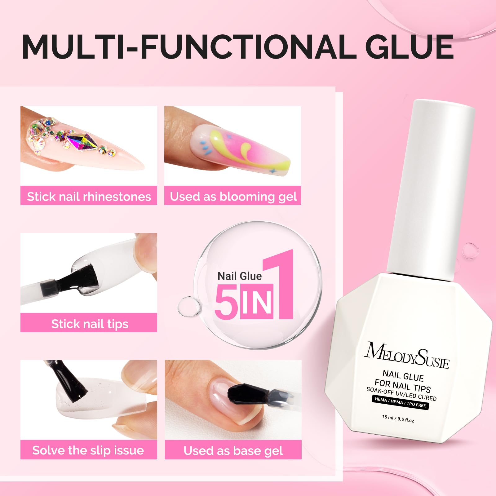 Two bottles of MelodySusie 5 in 1 nail adhesive set
