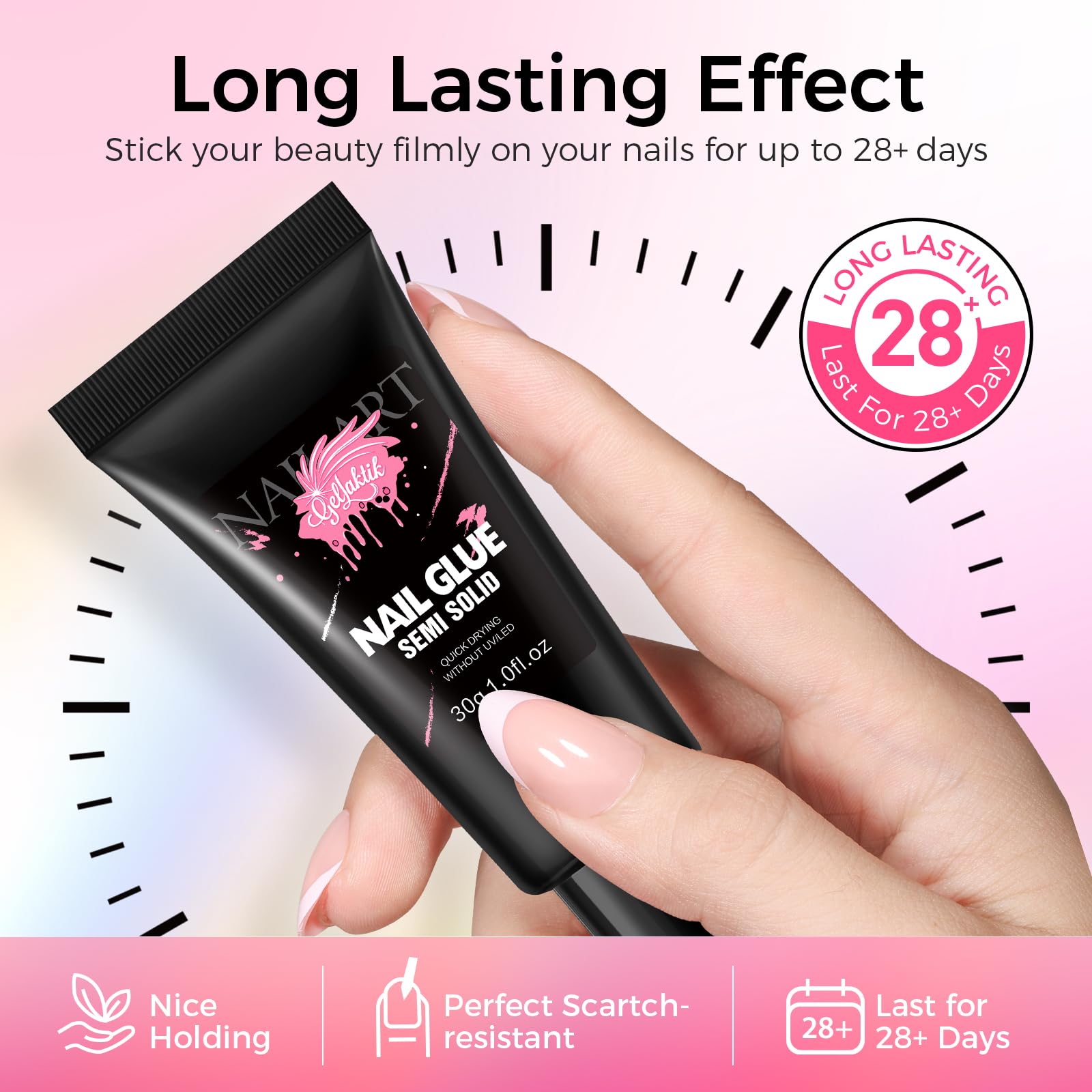 Close up of Gellaktik 30ml adhesive bottle for professional manicures