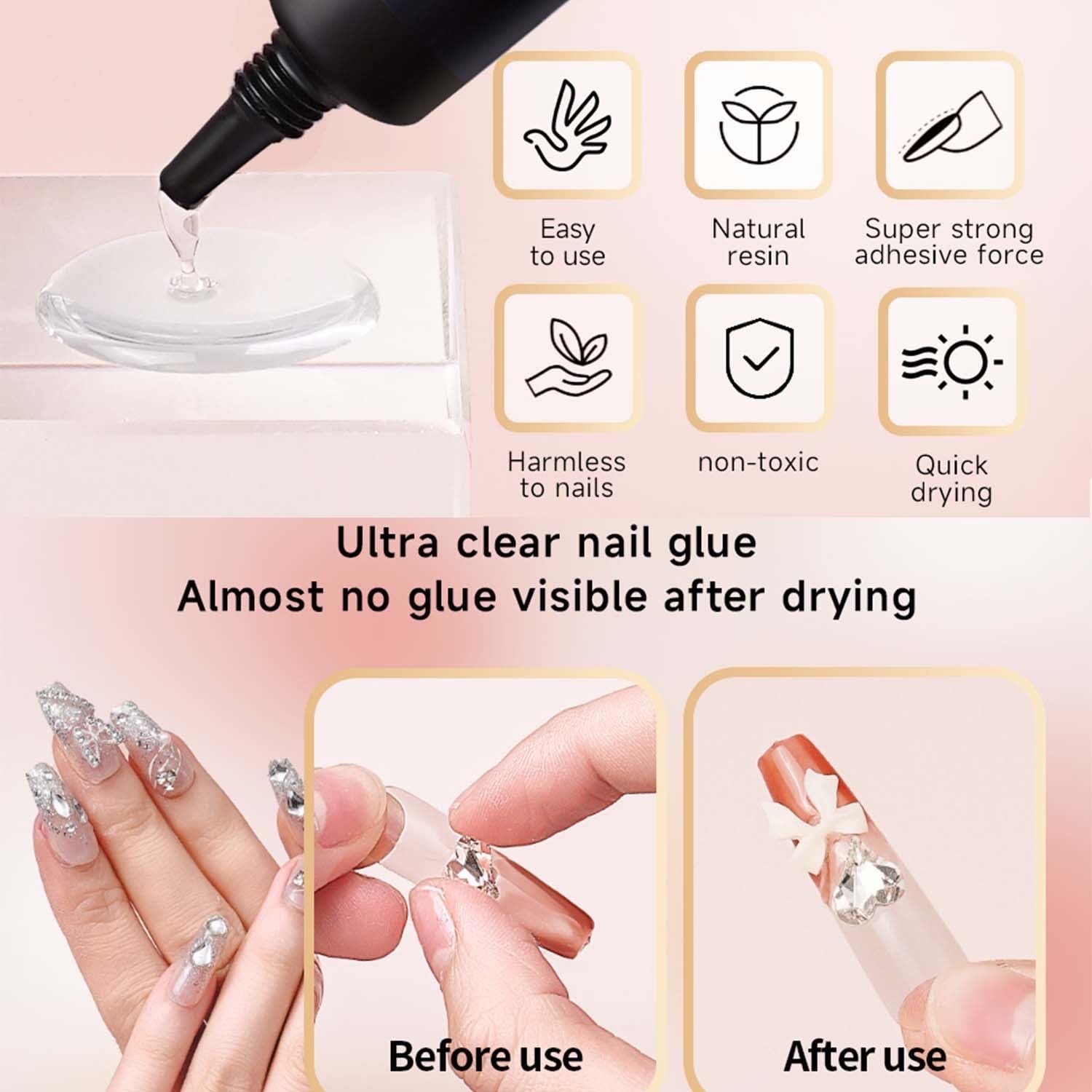 Gellen nail glue applied to acrylic press on nail tips