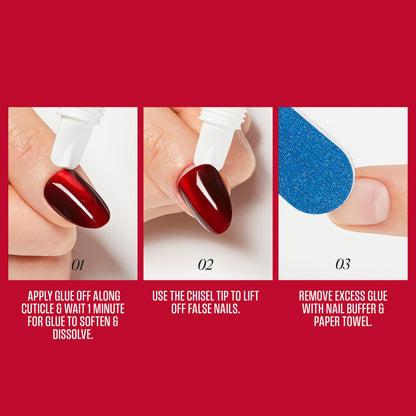 Professional nail care set featuring Kiss Glue Off for easy removal