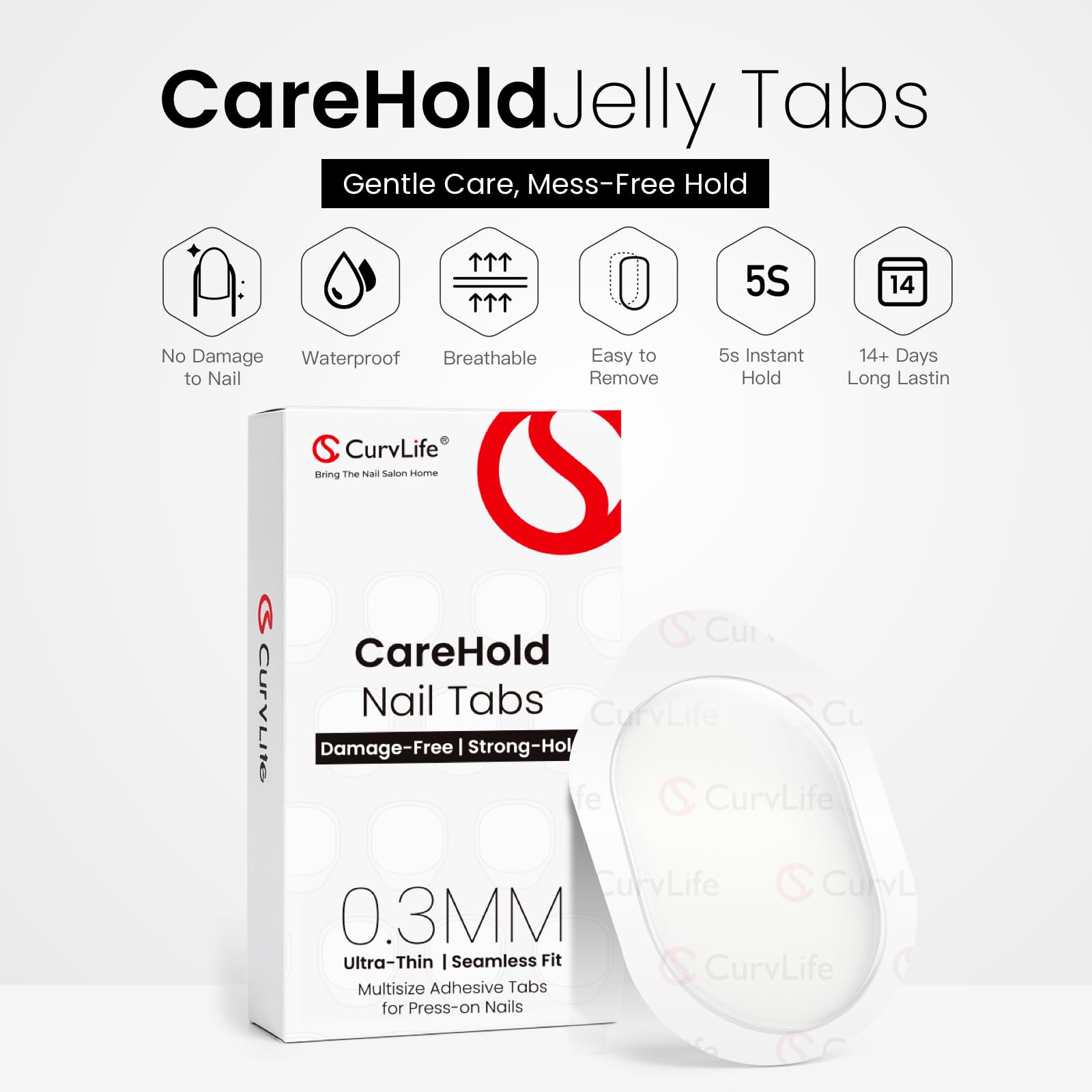 Curvlife adhesive tabs sheet showing 12 different sizes