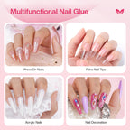 Demonstration of air drying nail adhesive for home manicure