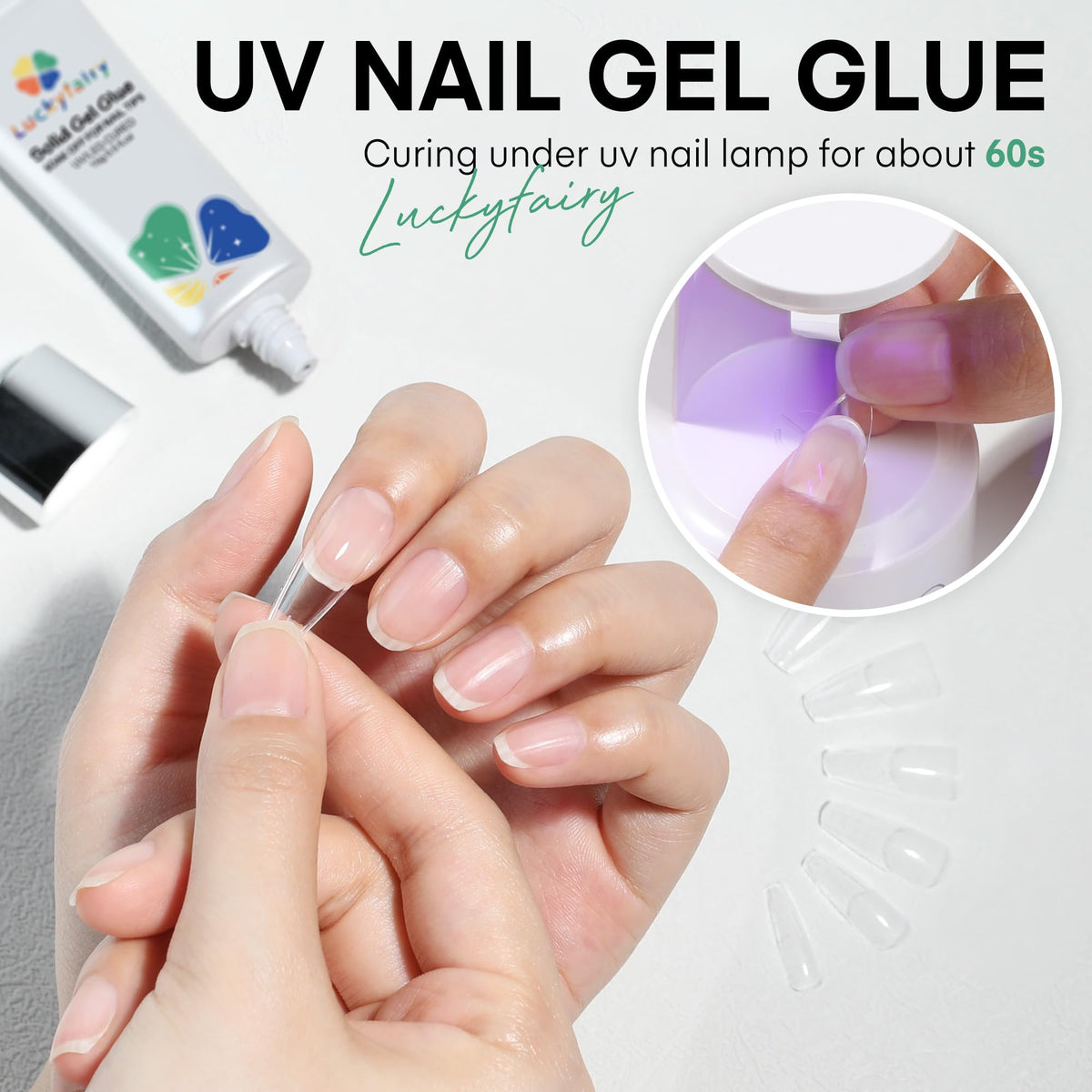 Finished manicure showcasing clear and secure nail extensions bonded with solid gel glue.