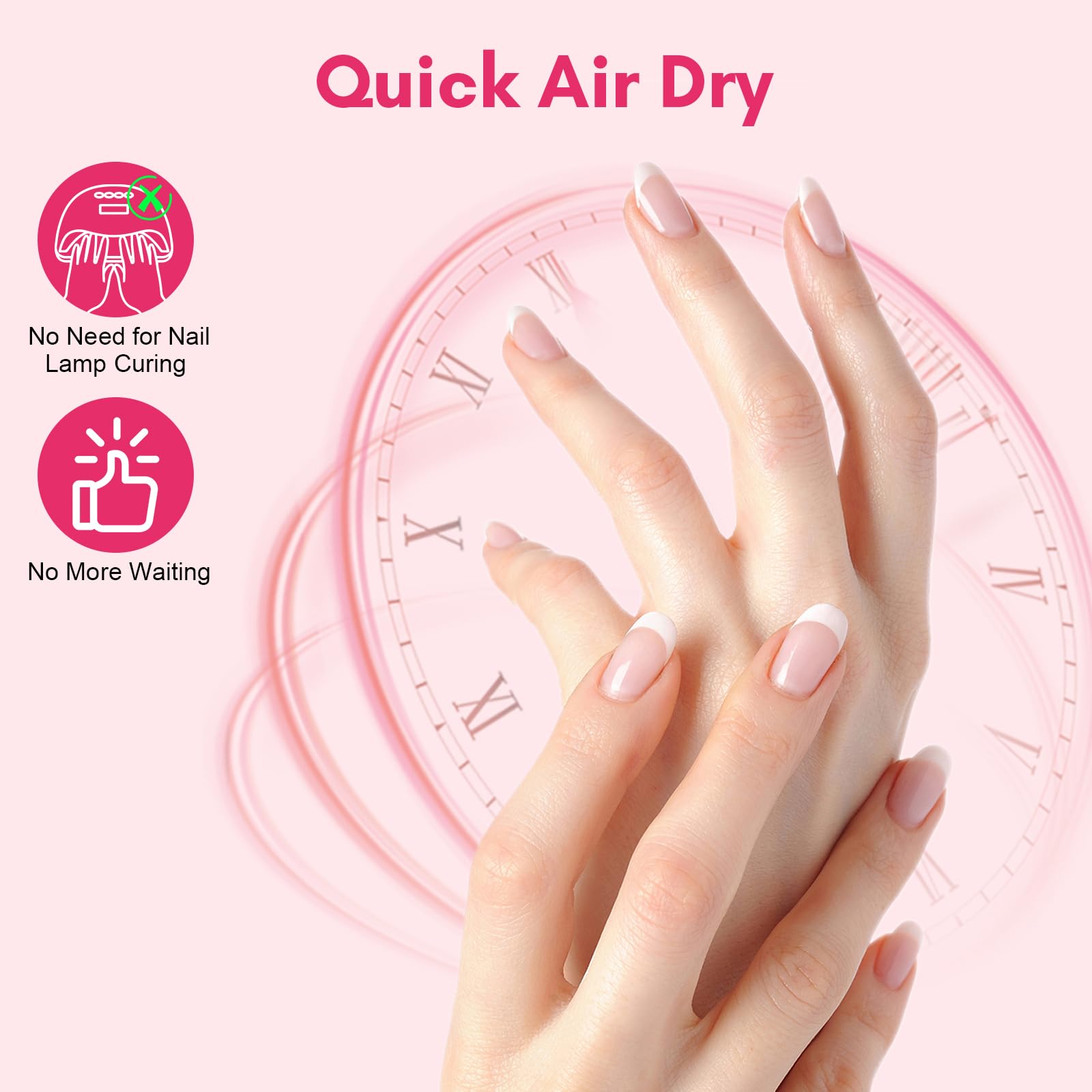Hema free salon quality artificial nail adhesive bottle next to a flawless manicure look.
