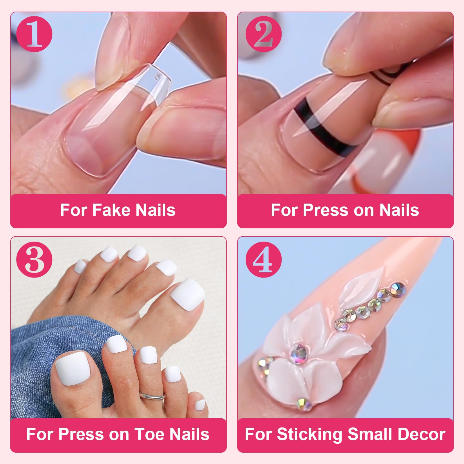 Clear long lasting nail glue for press ons being spread evenly over a natural nail bed.