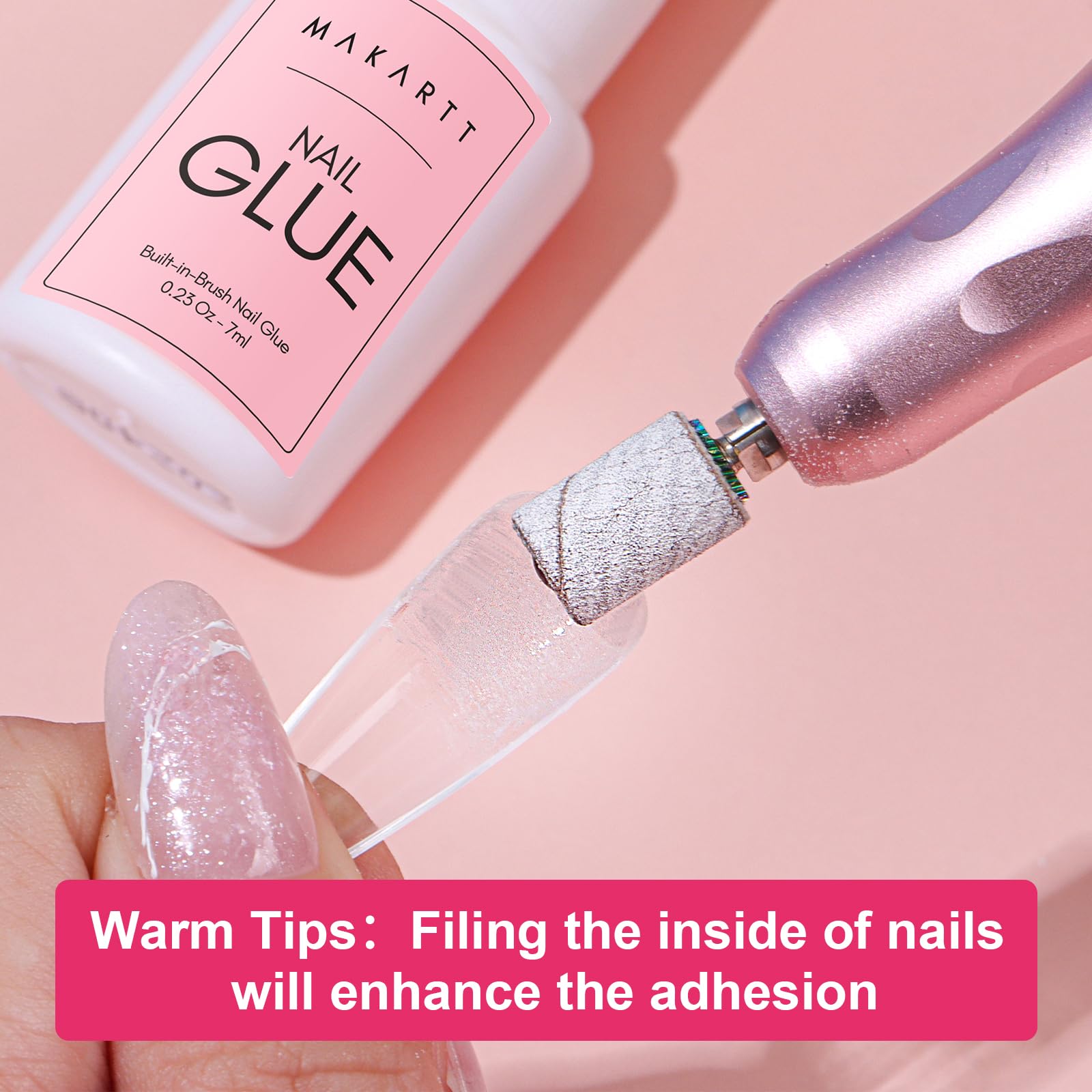 Authentic imported salon adhesive for fake nails showing step by step quick drying application.