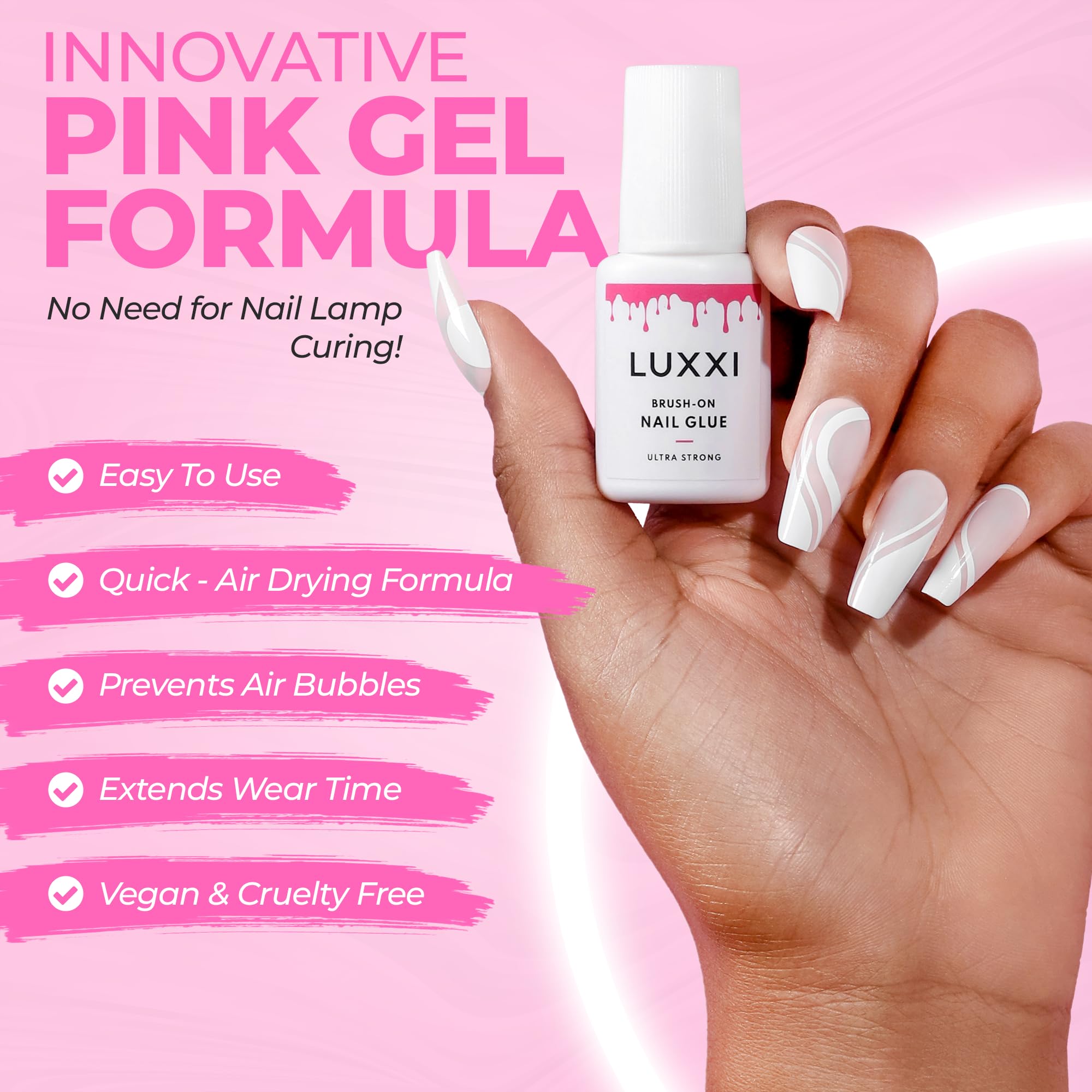 Luxxi nail glue precision brush applicator showing gel texture