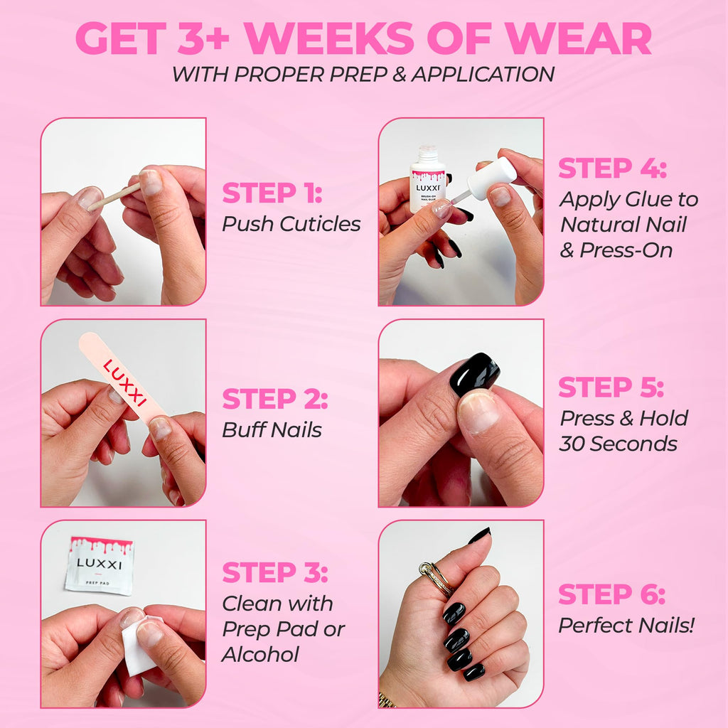 Luxxi brush on nail adhesive bottle angled view