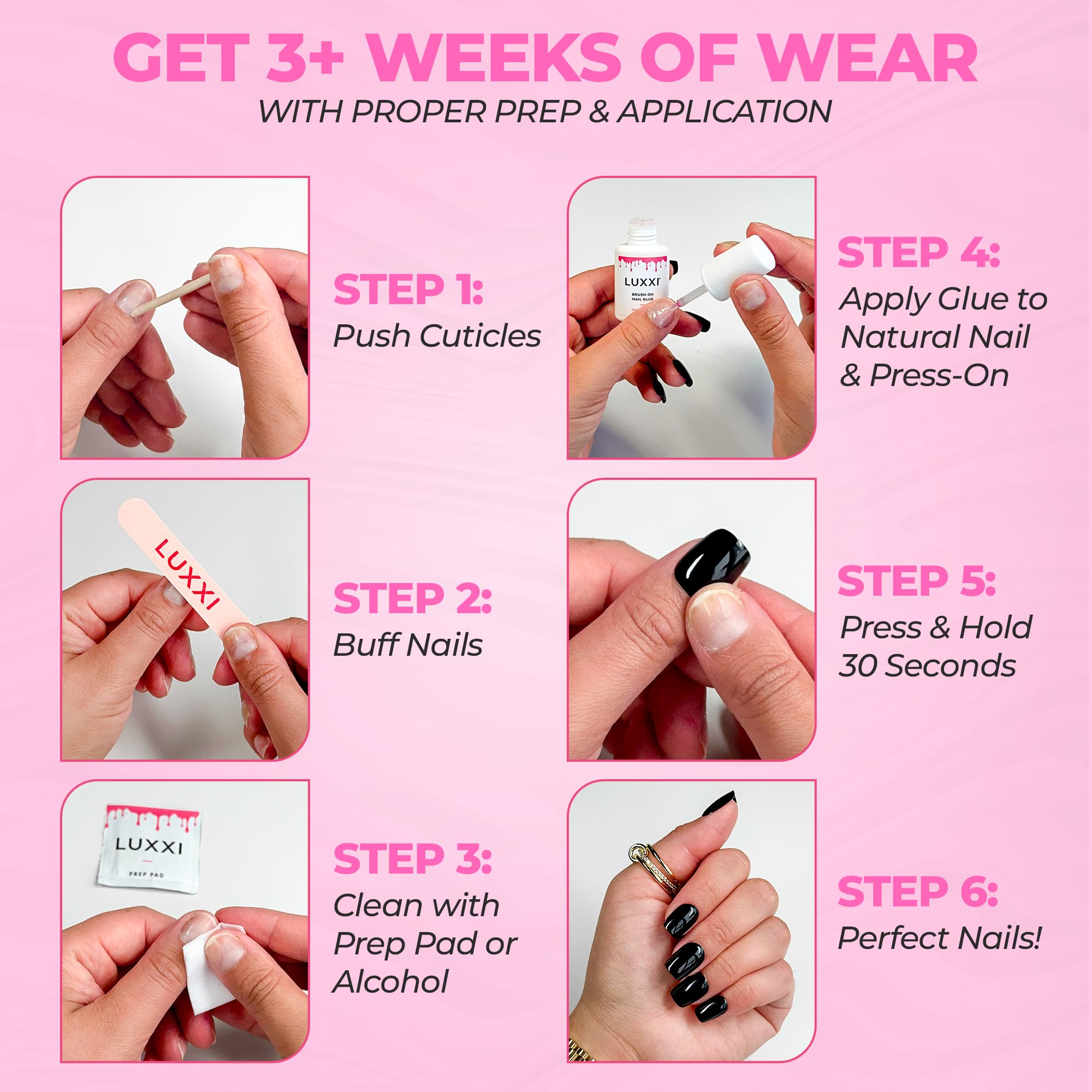 Luxxi brush on nail glue bottle next to press on nails