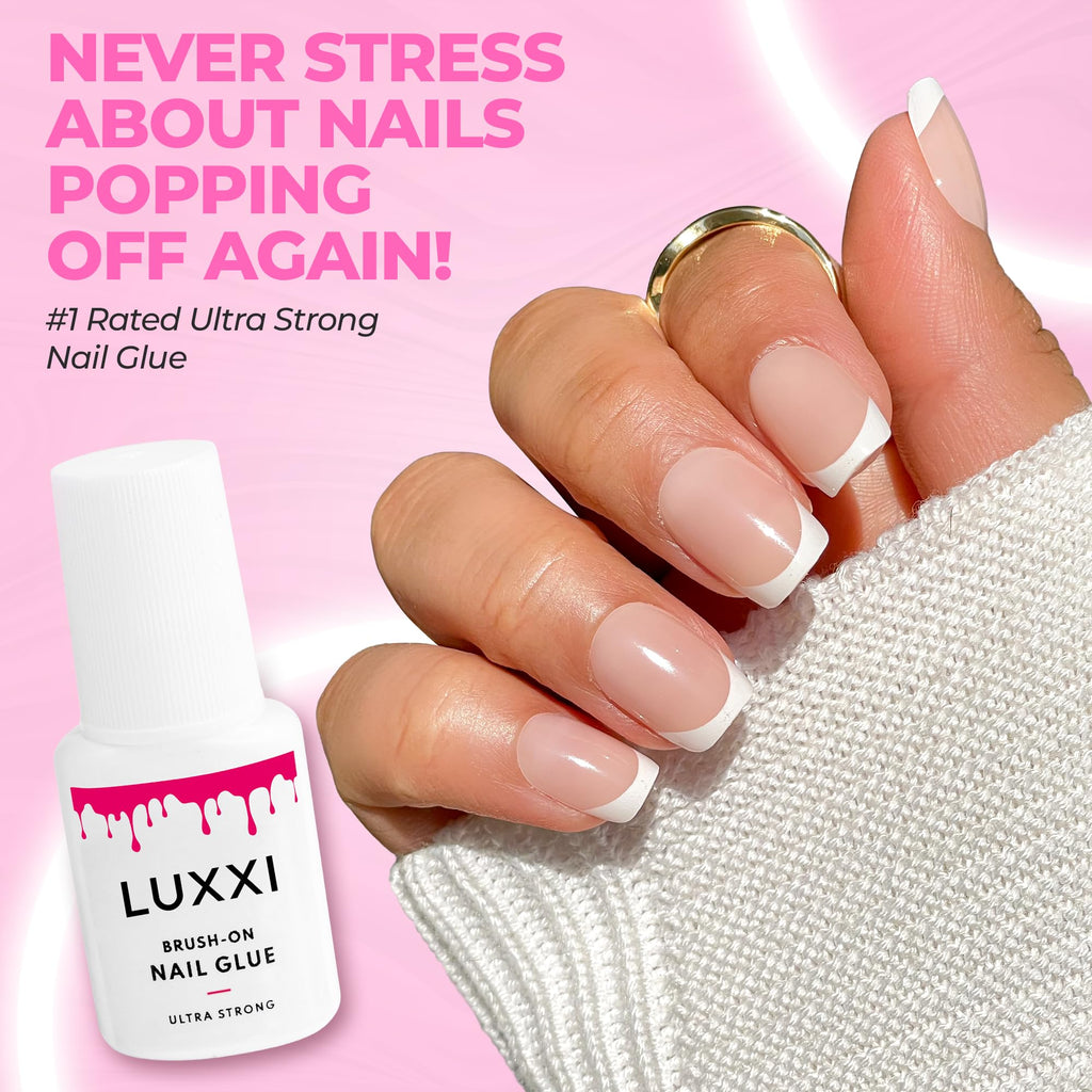 Luxxi super strong nail glue shown alongside press on nails