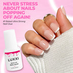 Luxxi super strong nail glue shown alongside press on nails