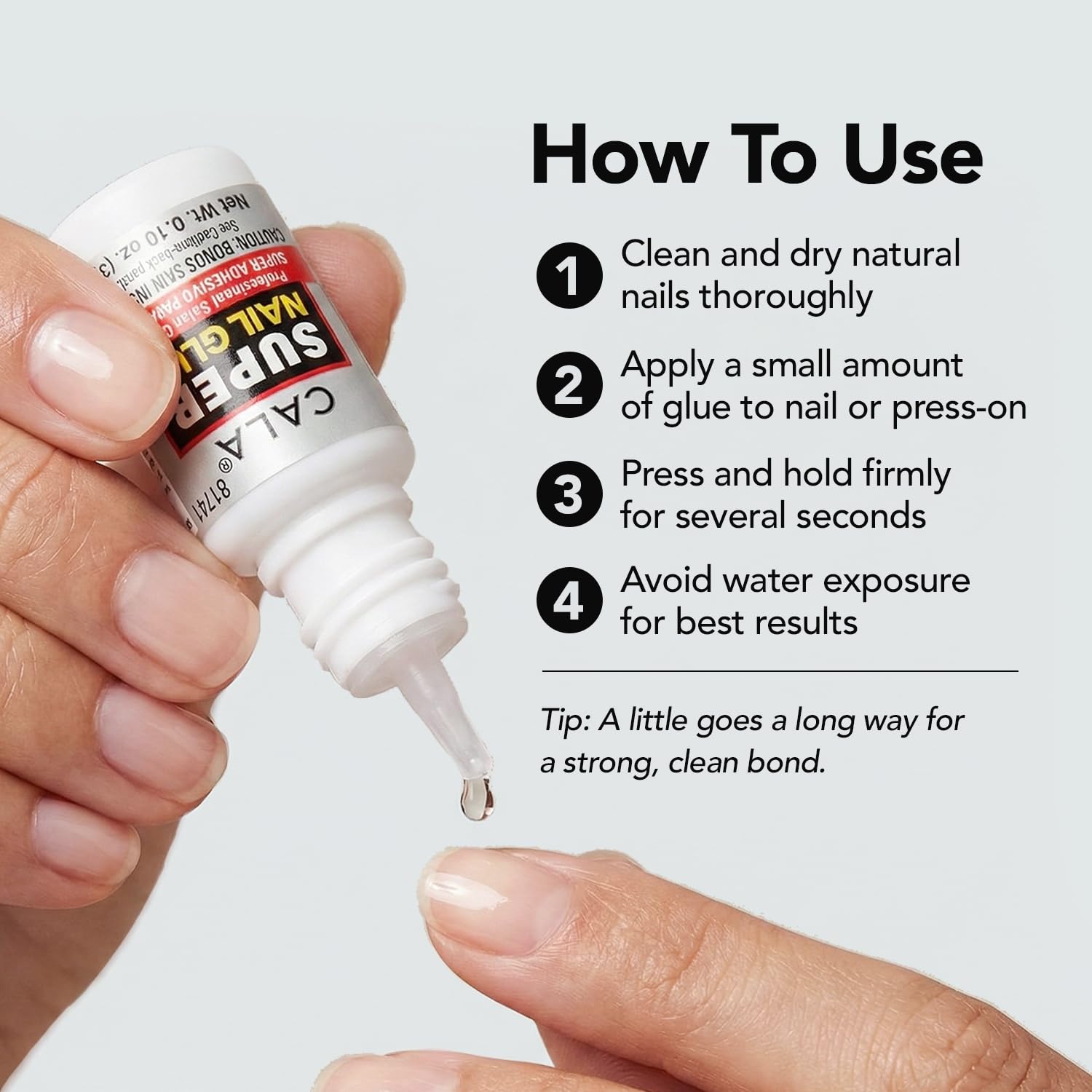Three bottles of Cala nail adhesive for acrylic tips