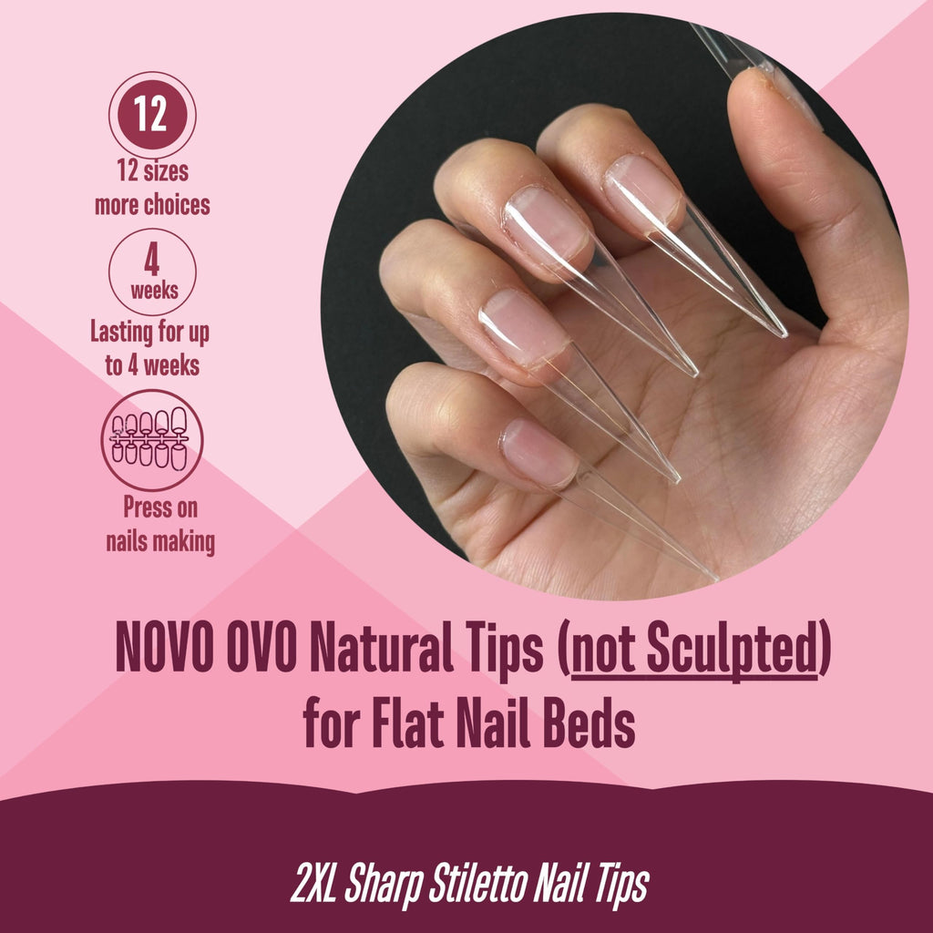 Novo Ovo soft gel nail tips showing extra long pointed shape