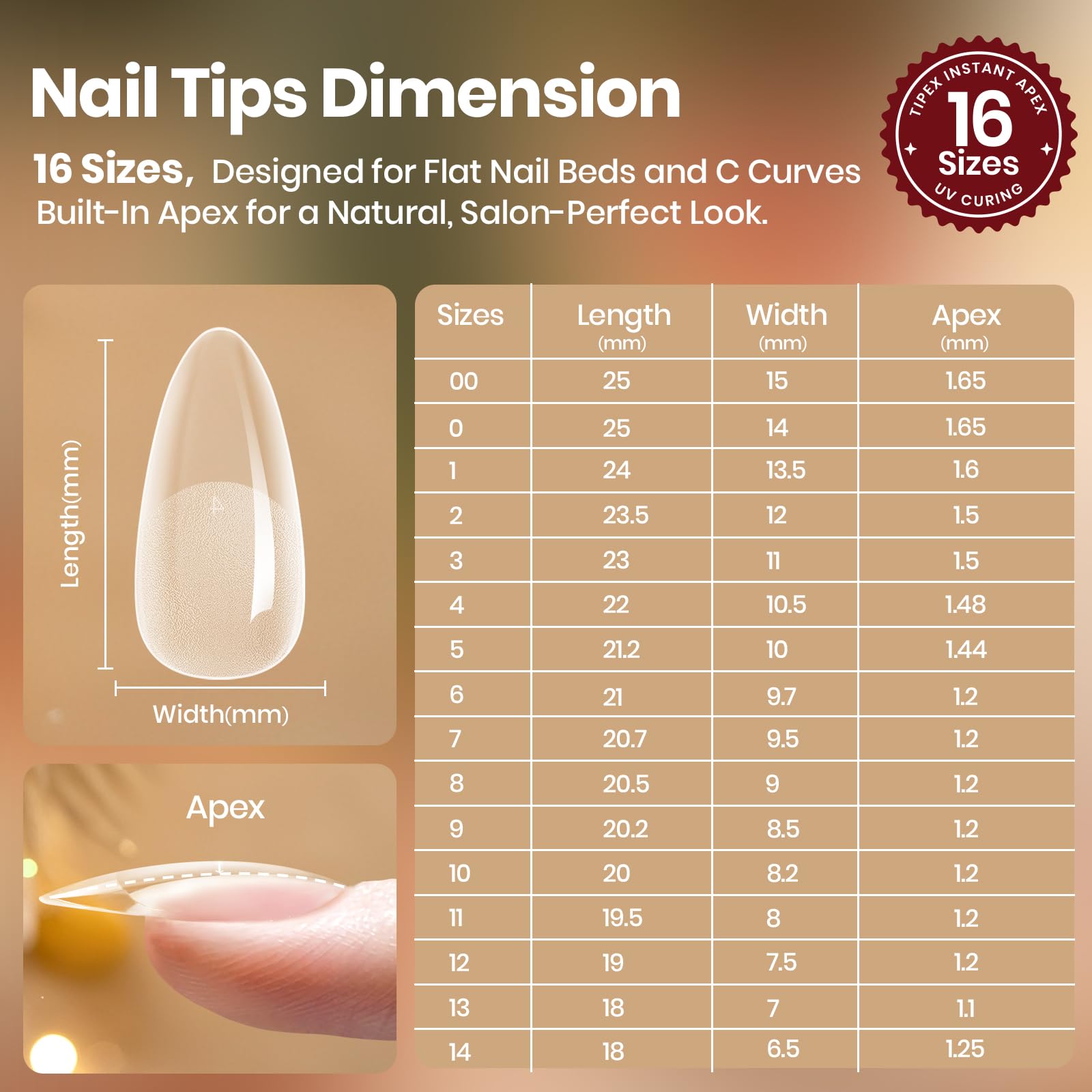 Beetles Tipex Lite almond medium nail tips displayed for size comparison
