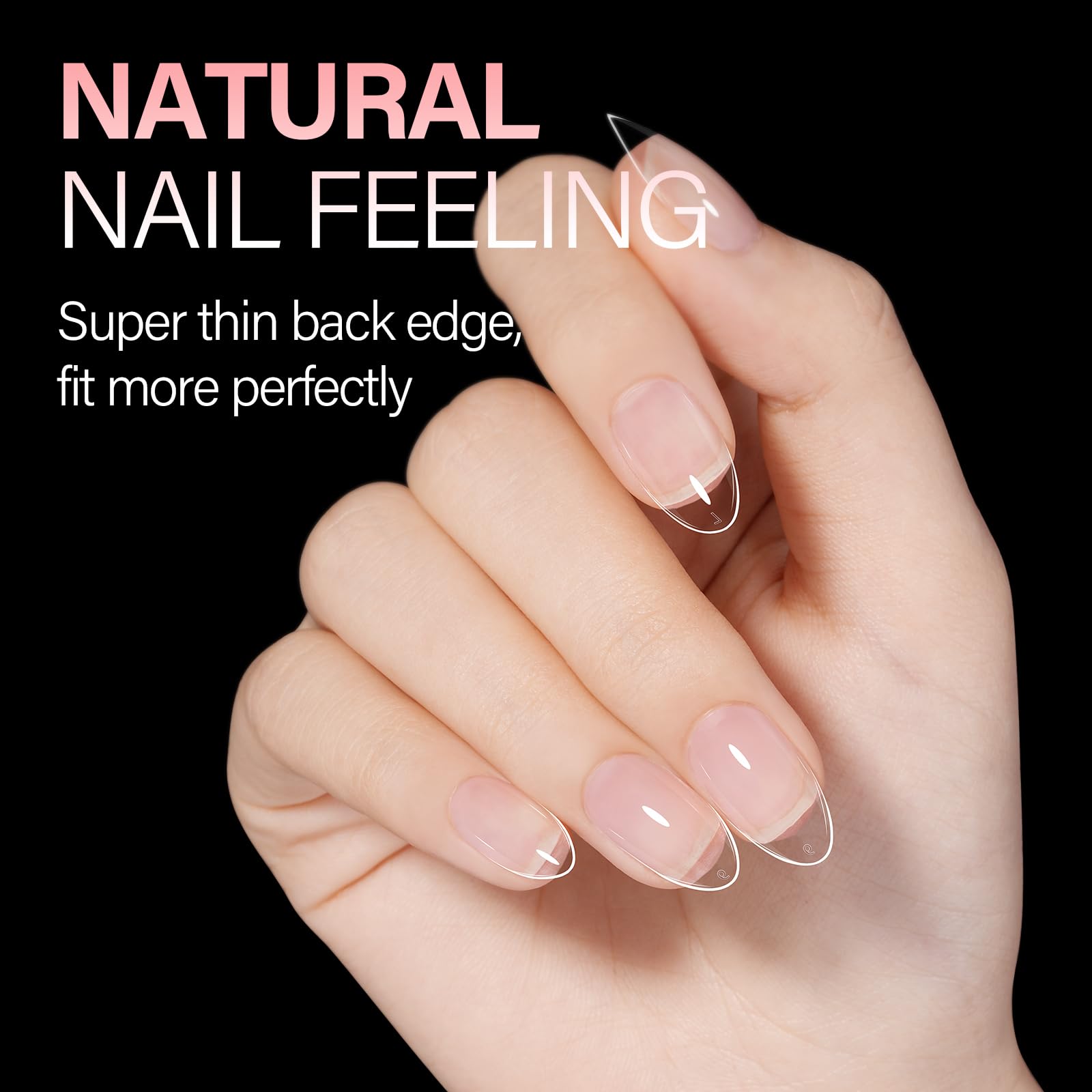 Close up of clear almond shaped gel nail extensions