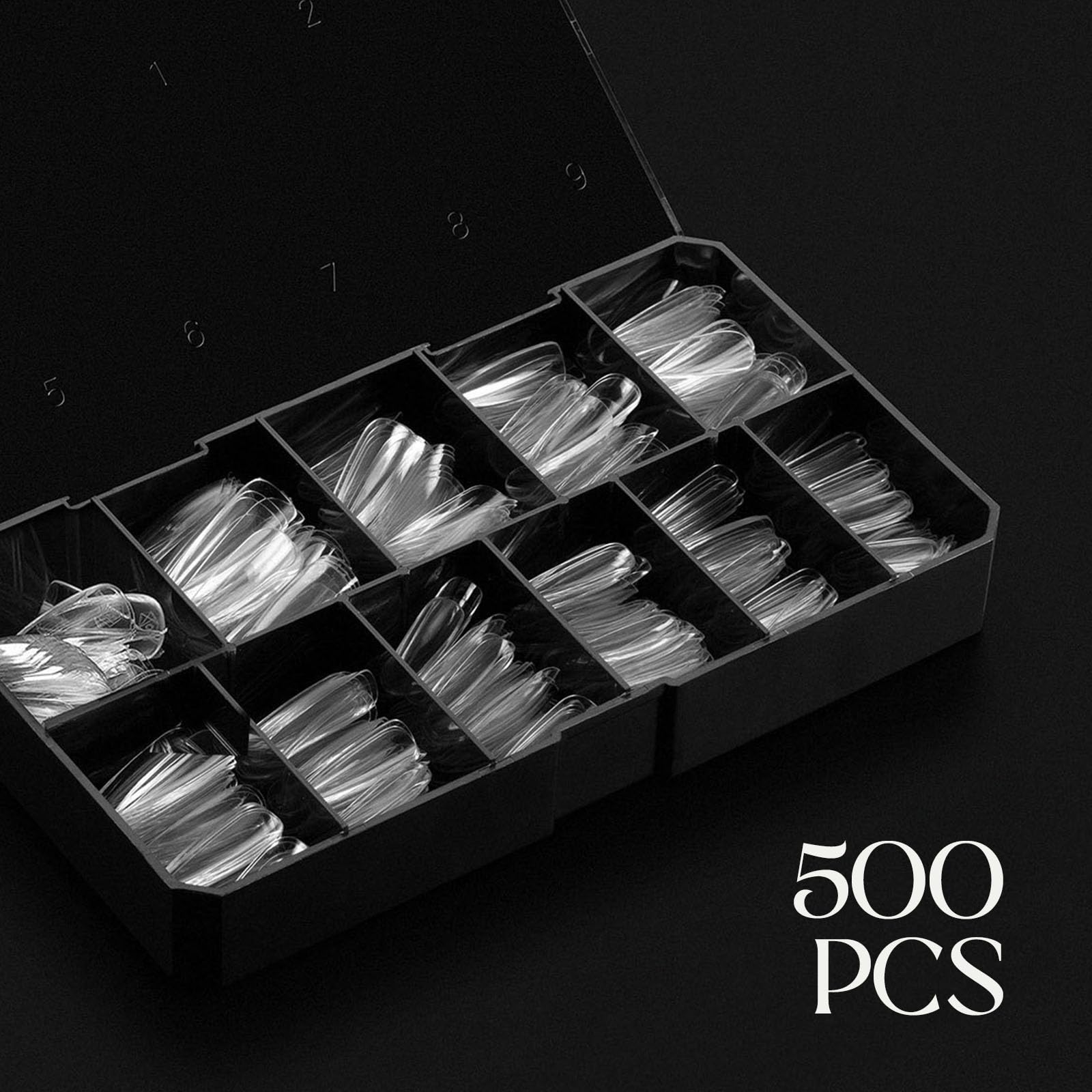 Close up of stiletto shaped soft gel nail tips