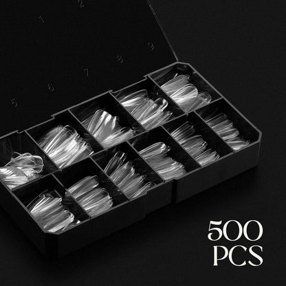 Close up of stiletto shaped soft gel nail tips