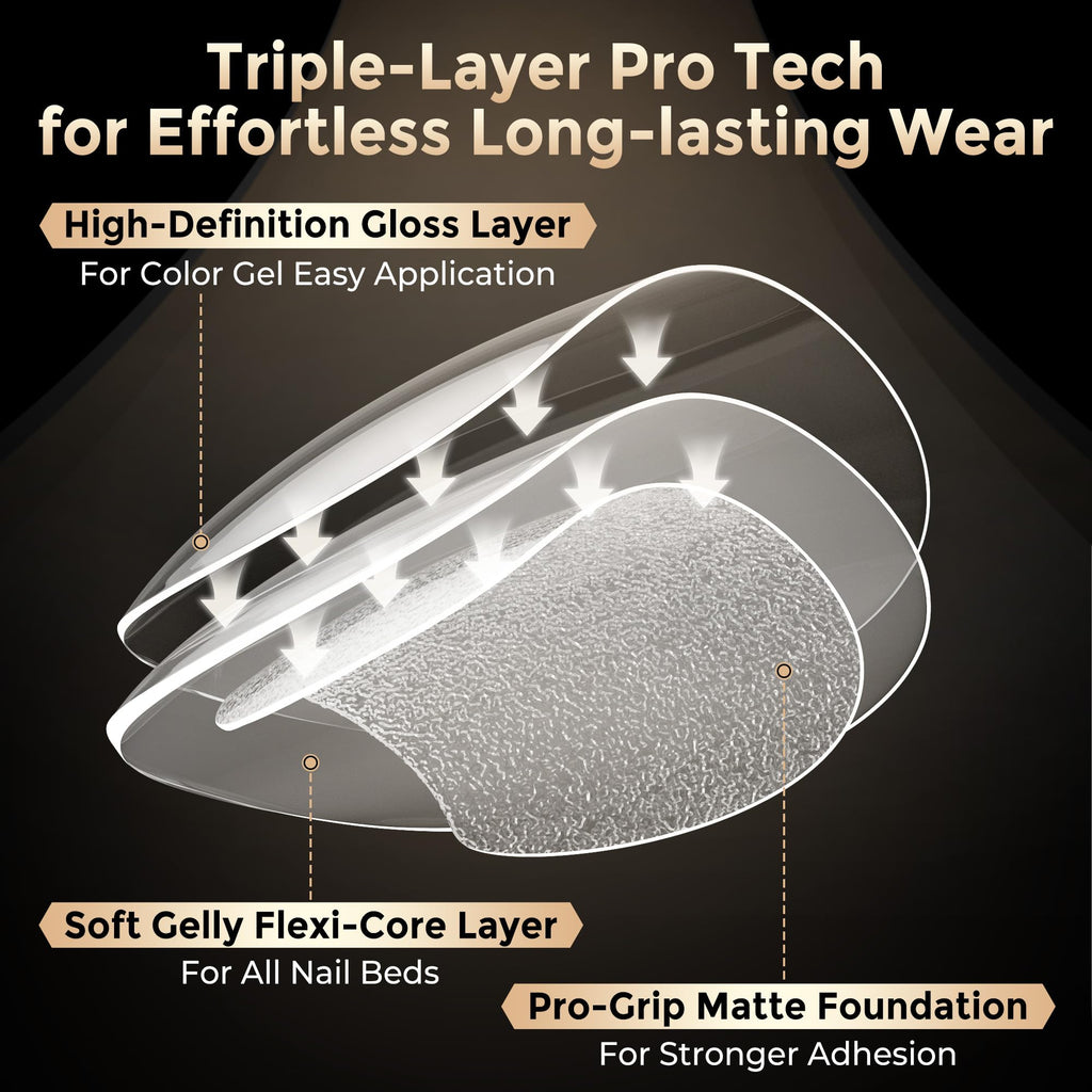 Tri layer core construction detail of short almond press on nails