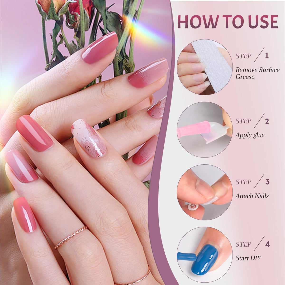 Natural curved shape of Ranrose half cover acrylic nails