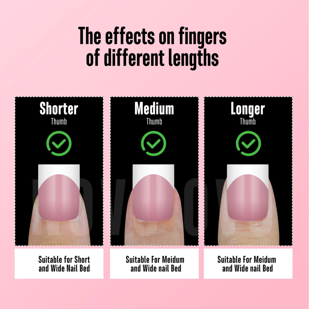 Assorted sizing layout for Novo Ovo full cover acrylic nail tips