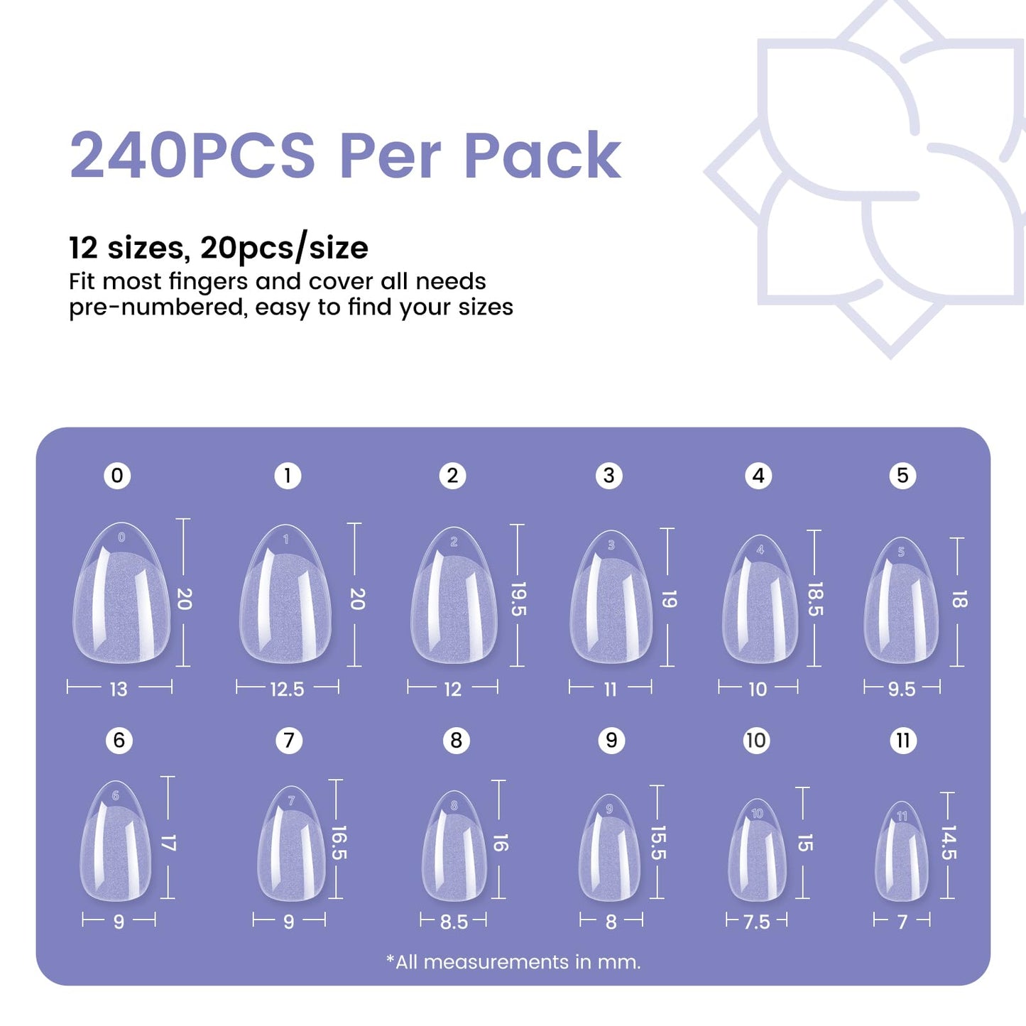 Storage box layout of 12 sizes of Wilfniee nail tips