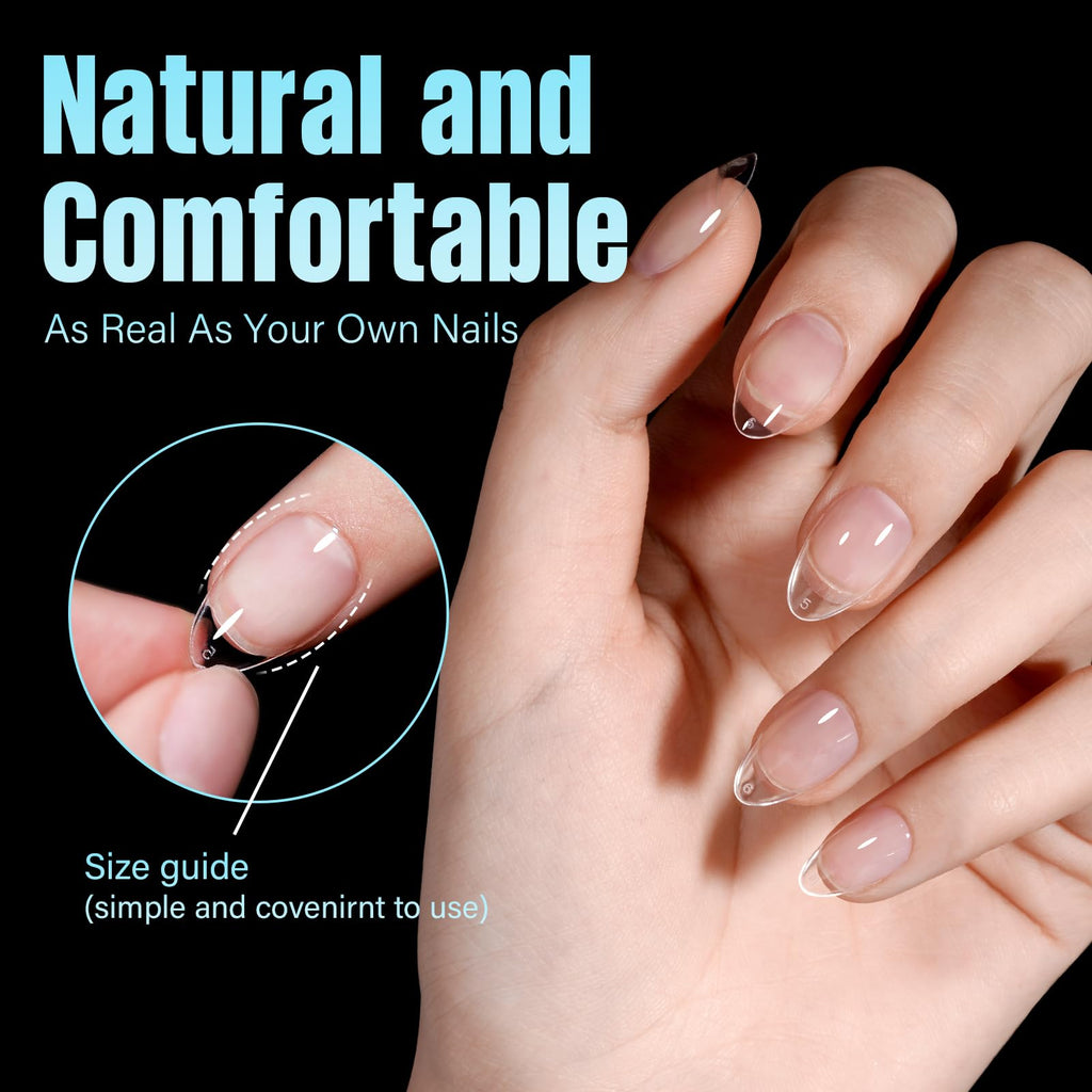 Pre-shaped almond press on nails close up