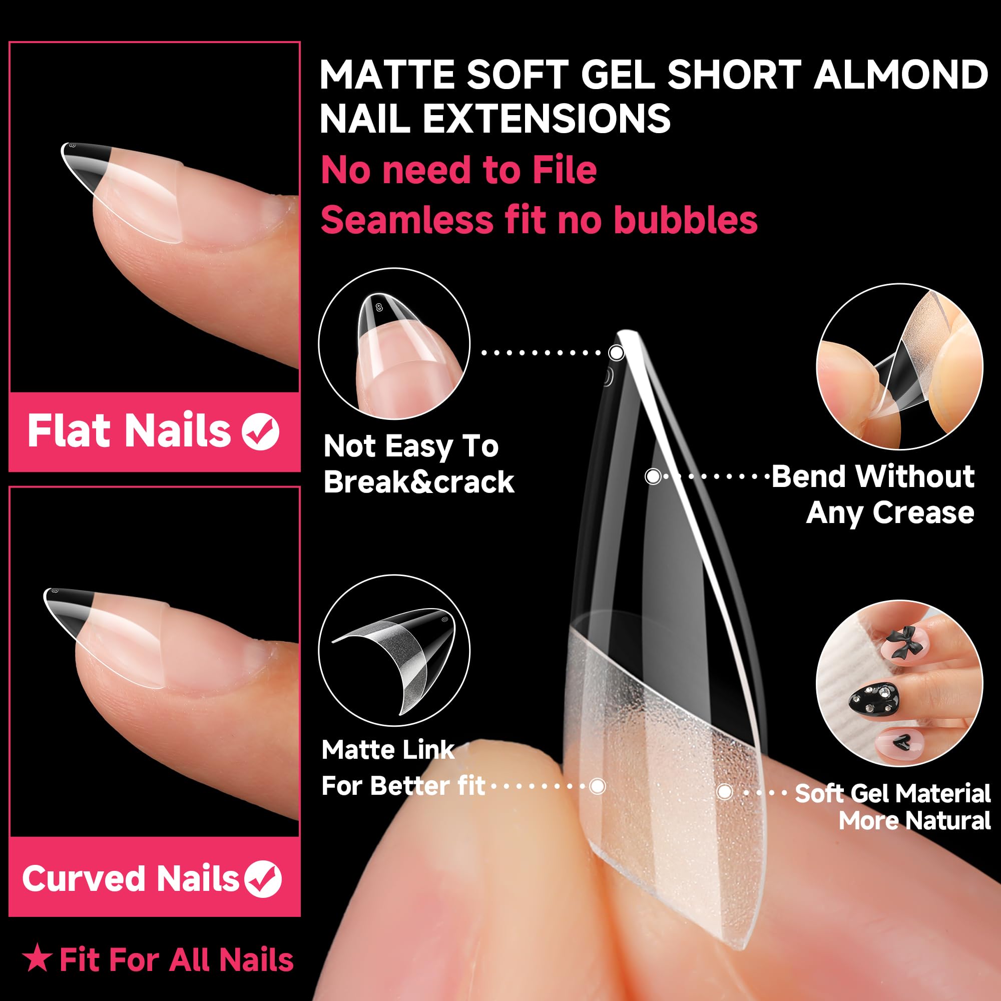 Una Gella almond nail tips shown in 12 different sizes