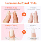 Side angle view of short almond artificial nails with UV finish