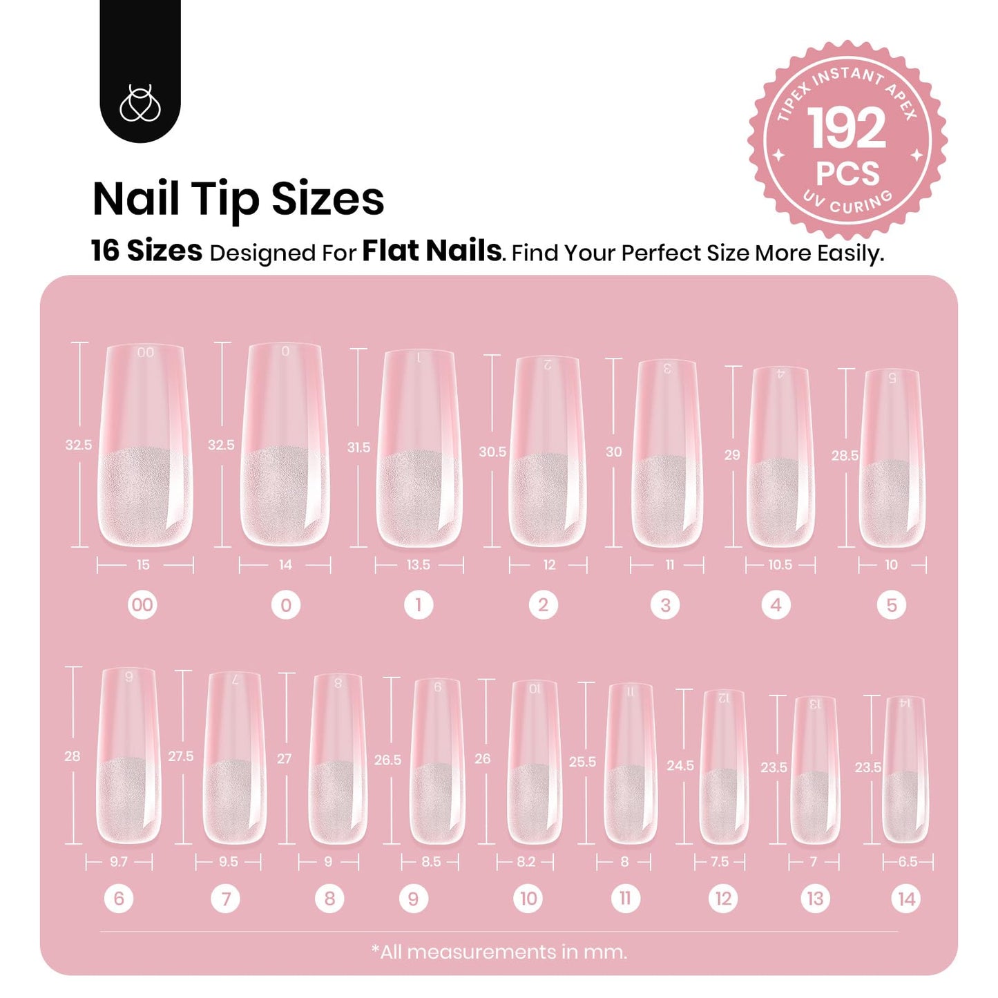 Selection of 16 different sizes of Beetles Tipex nail tips