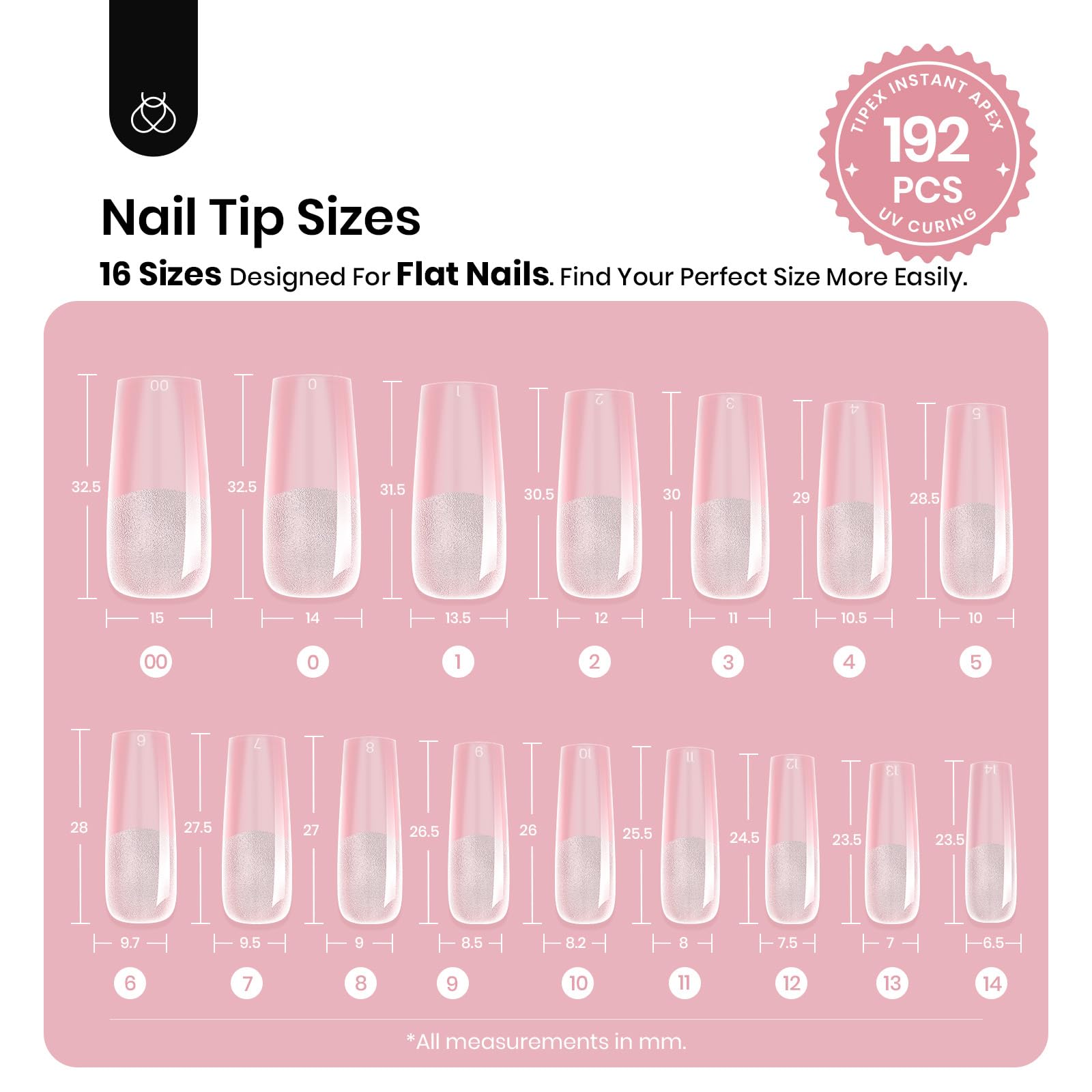 Selection of 16 different sizes of Beetles Tipex nail tips