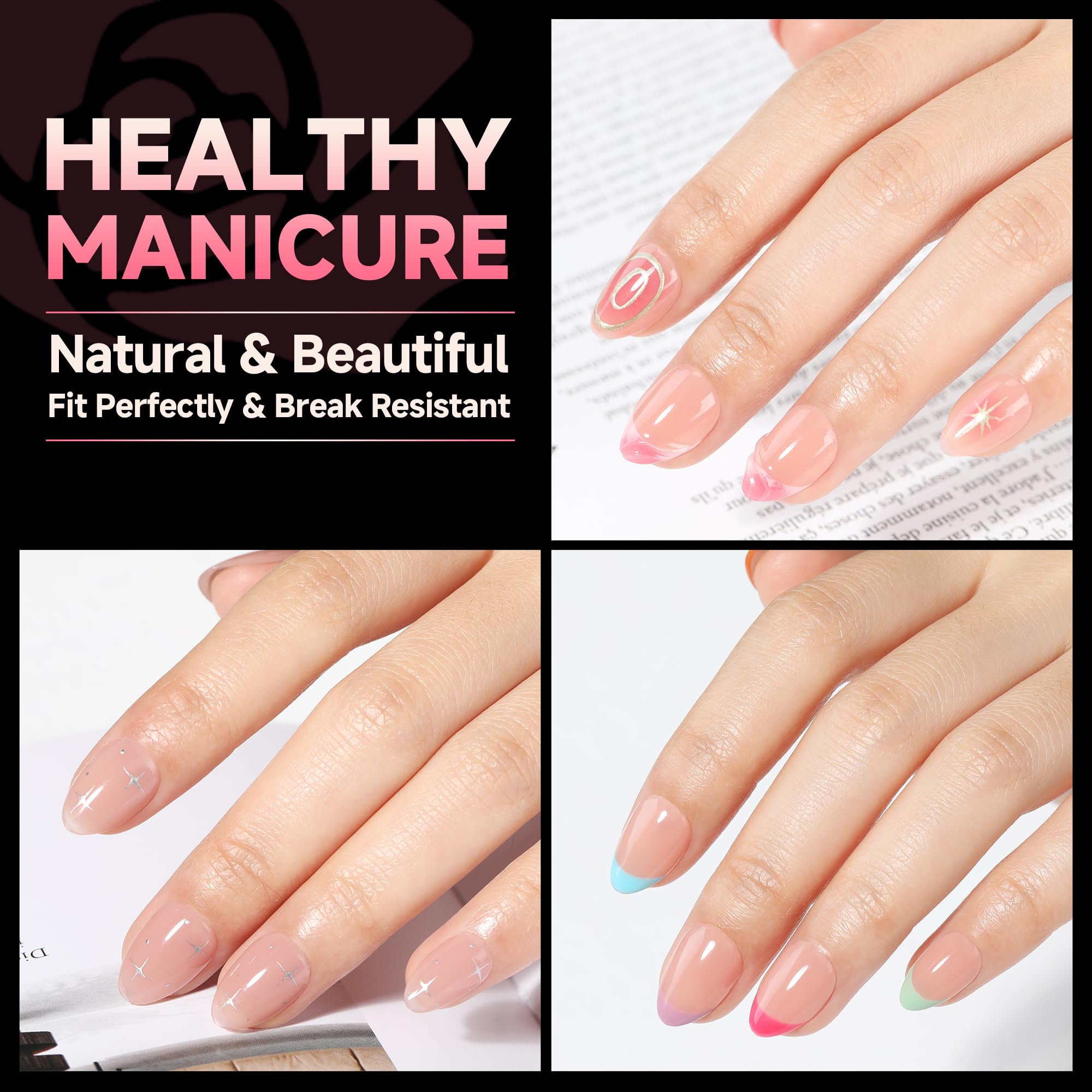 Clear almond shaped soft gel nail tips spread out