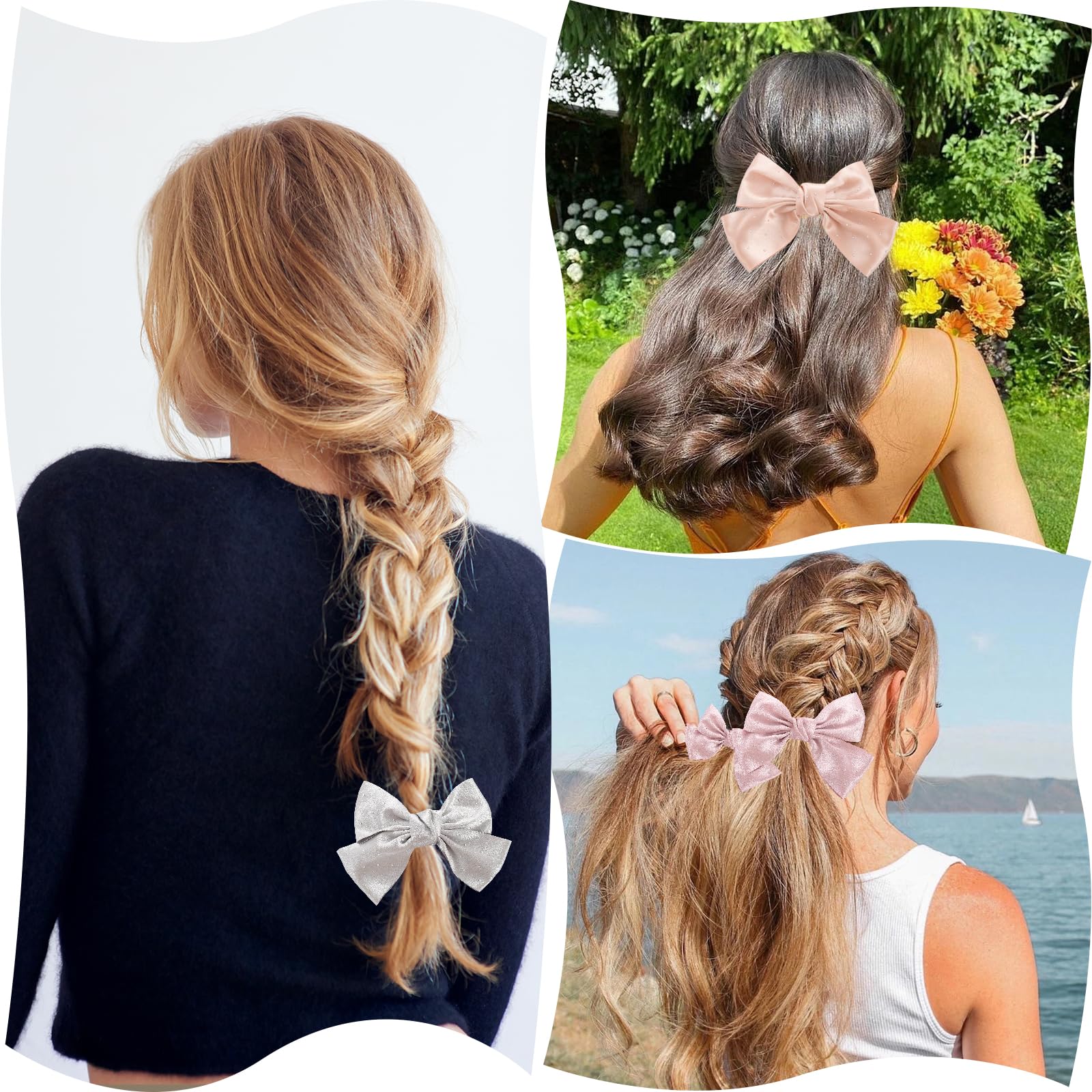 Six piece pack of fashionable solid color hair bow clips for women and girls styling variety.
