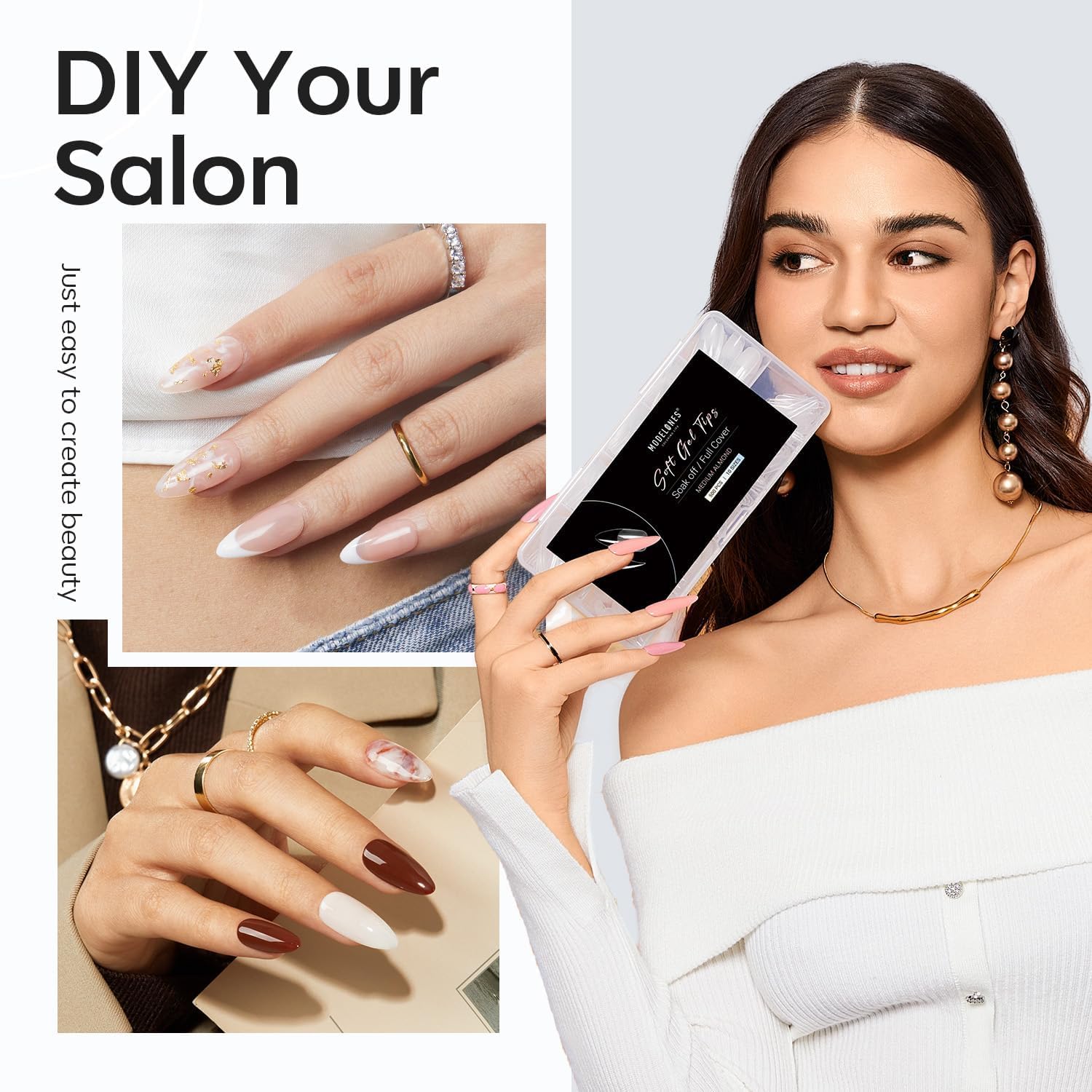 Clear Modelones full cover almond nail tips on hand model