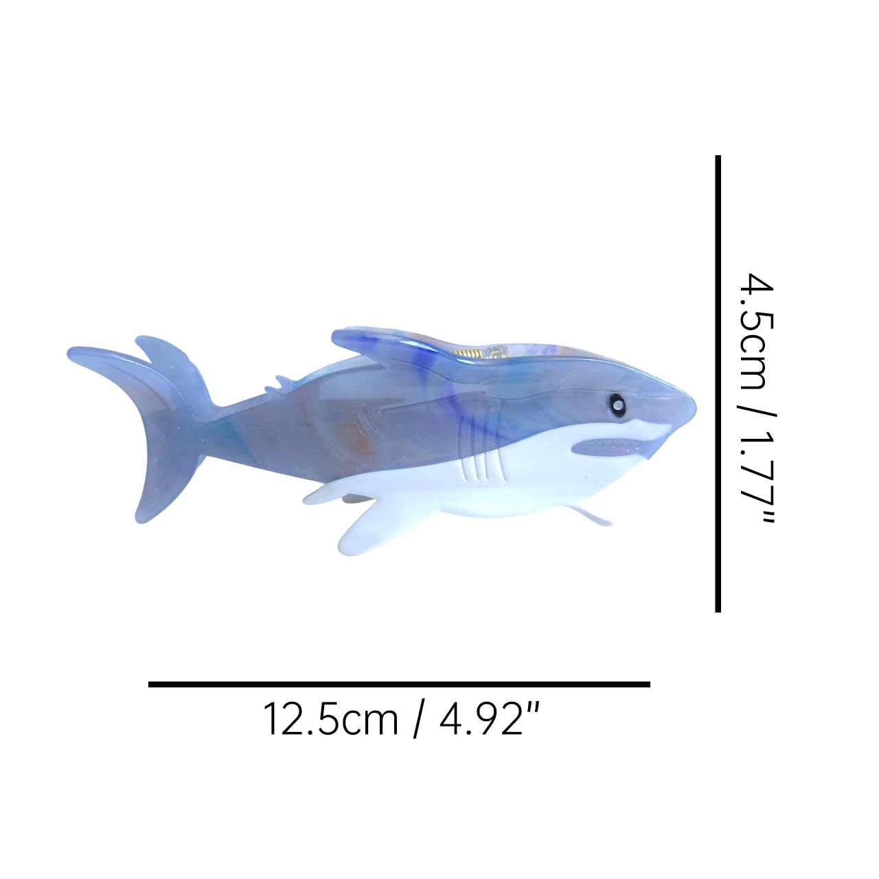 Side angle of the novelty animal themed big white shark claw clip highlighting the high gloss cellulose acetate finish.