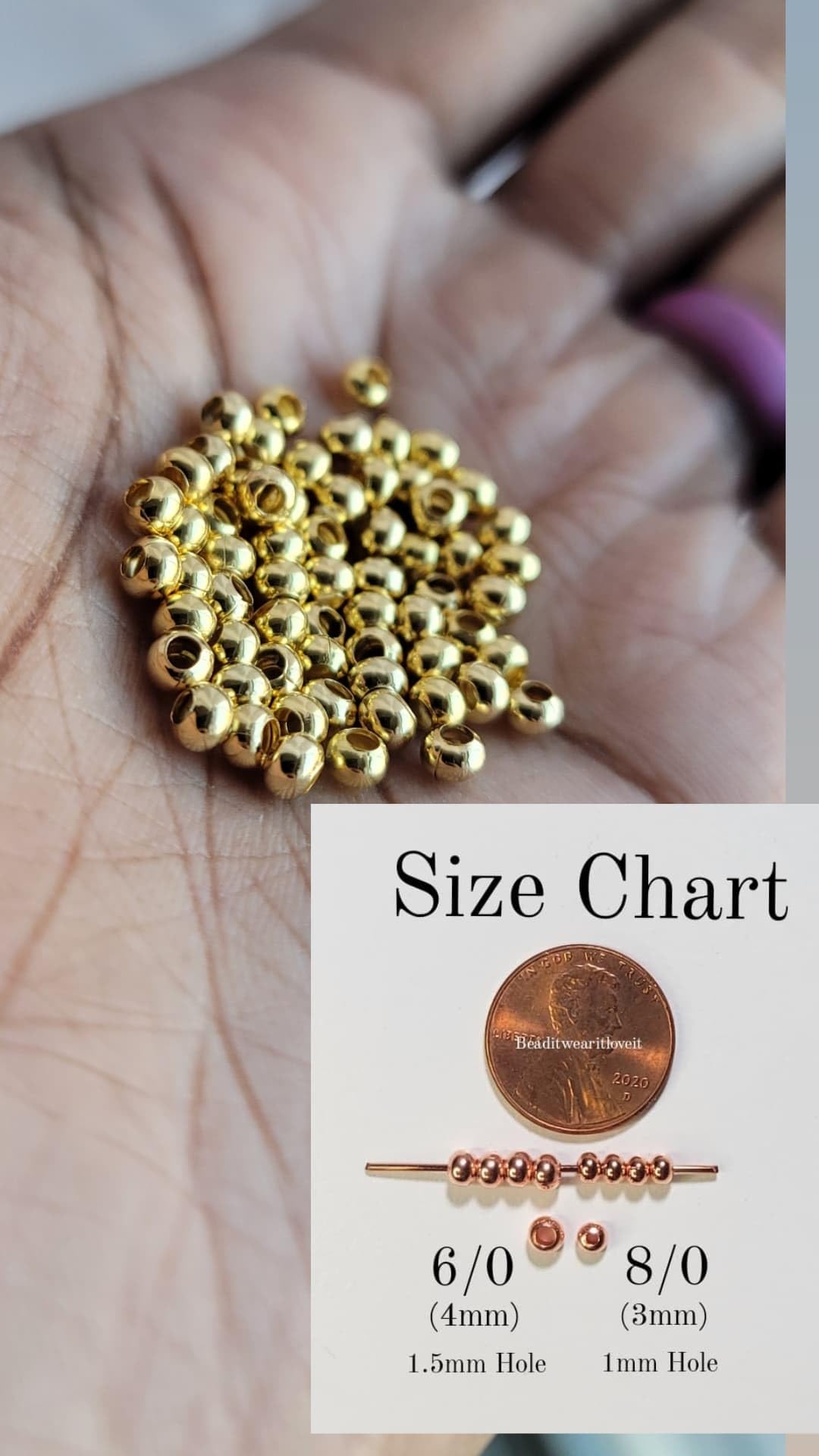 Side angle layout of 3mm small metallic loc jewelry showing the clean center thread hole