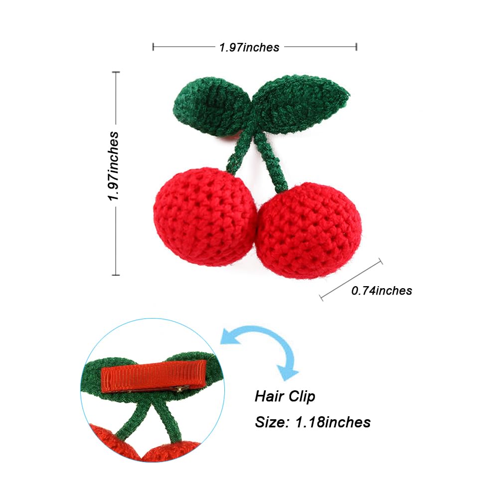 Hand-woven red cherry and green leaf knitted hair barrettes close up detail
