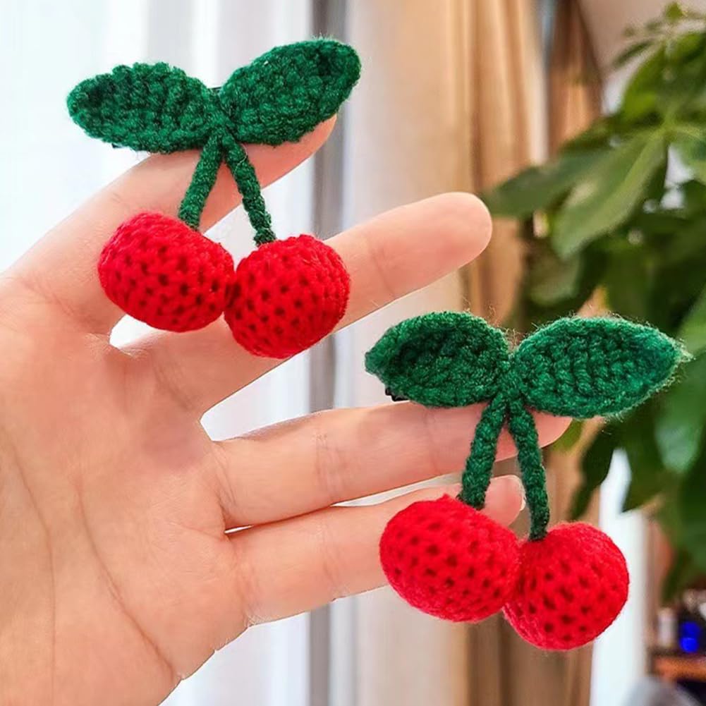 Boutique handmade knitted cherry hair clips showing backing and quality stitching
