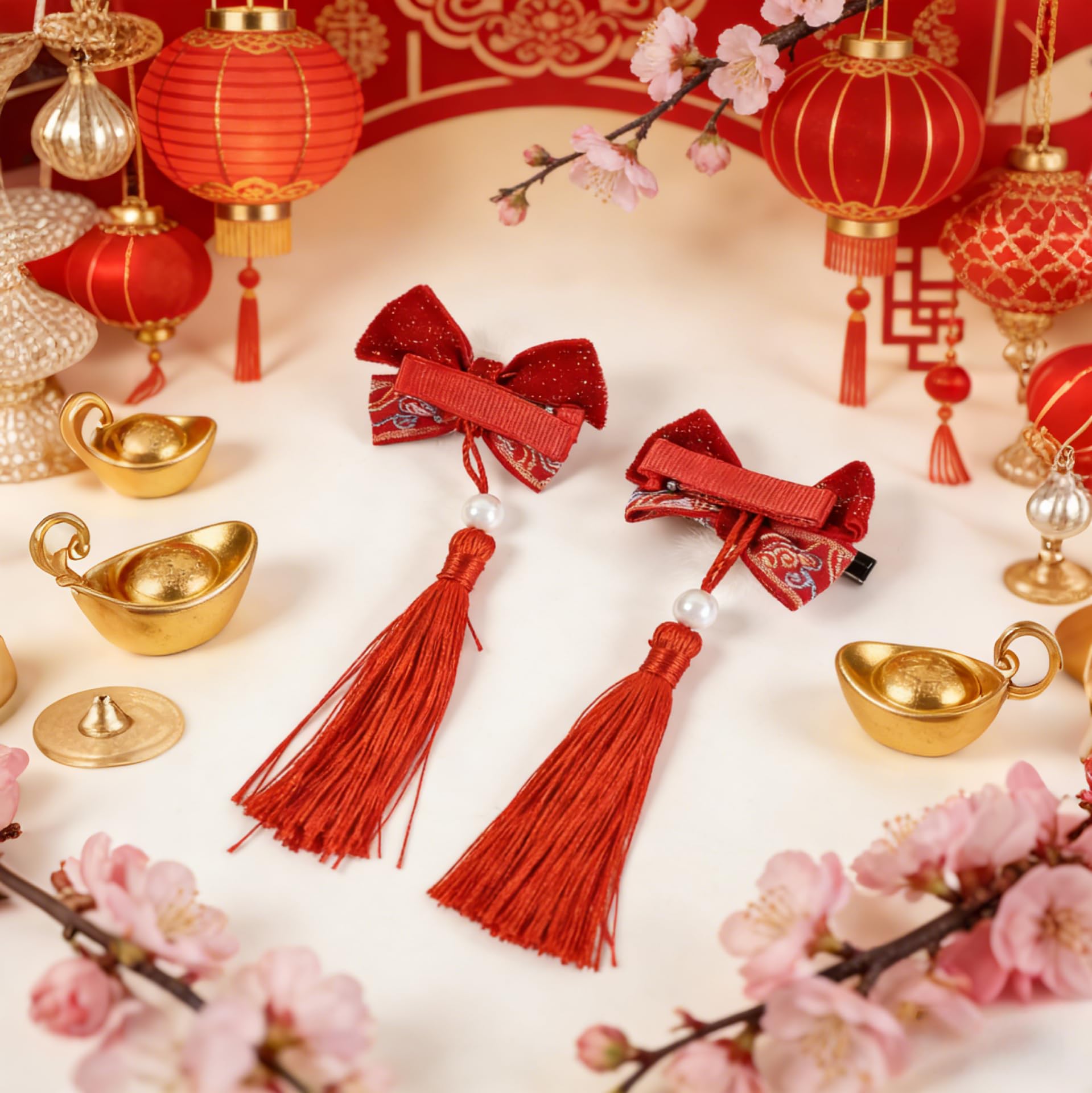 Four pairs of festive red Lunar New Year hair ornaments arranged neatly