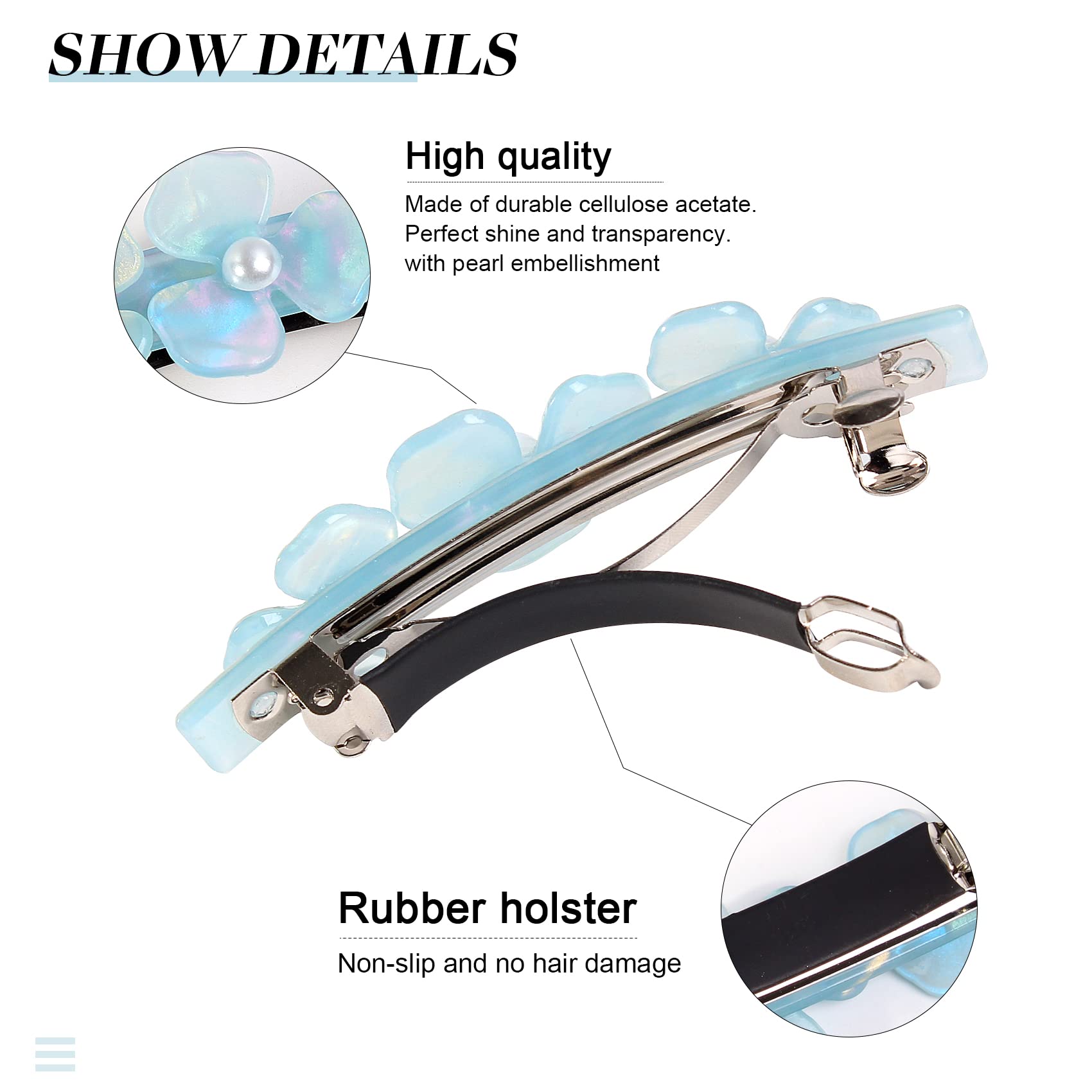 Close up view of the durable acrylic material and secure closure on the French style hair pin